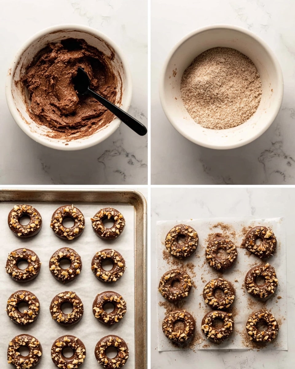 The image shows four steps of making chocolate dough with nuts, all on a white marbled surface. The first part (top right) has a white bowl filled with dry light brown flour mixture and a black spoon inside. The second part (top left) inside a white bowl shows thick chocolate dough with many small chopped nuts mixed in and the black spoon resting in the bowl. The third part (bottom left) is a baking sheet lined with paper, holding rows of round dough pieces with holes pressed in the middle, all dark brown in color. The last part (bottom right) shows the same dough pieces but now with chopped nuts pressed around the edges, ready to bake. Photo taken with an iphone --ar 4:5 --v 7