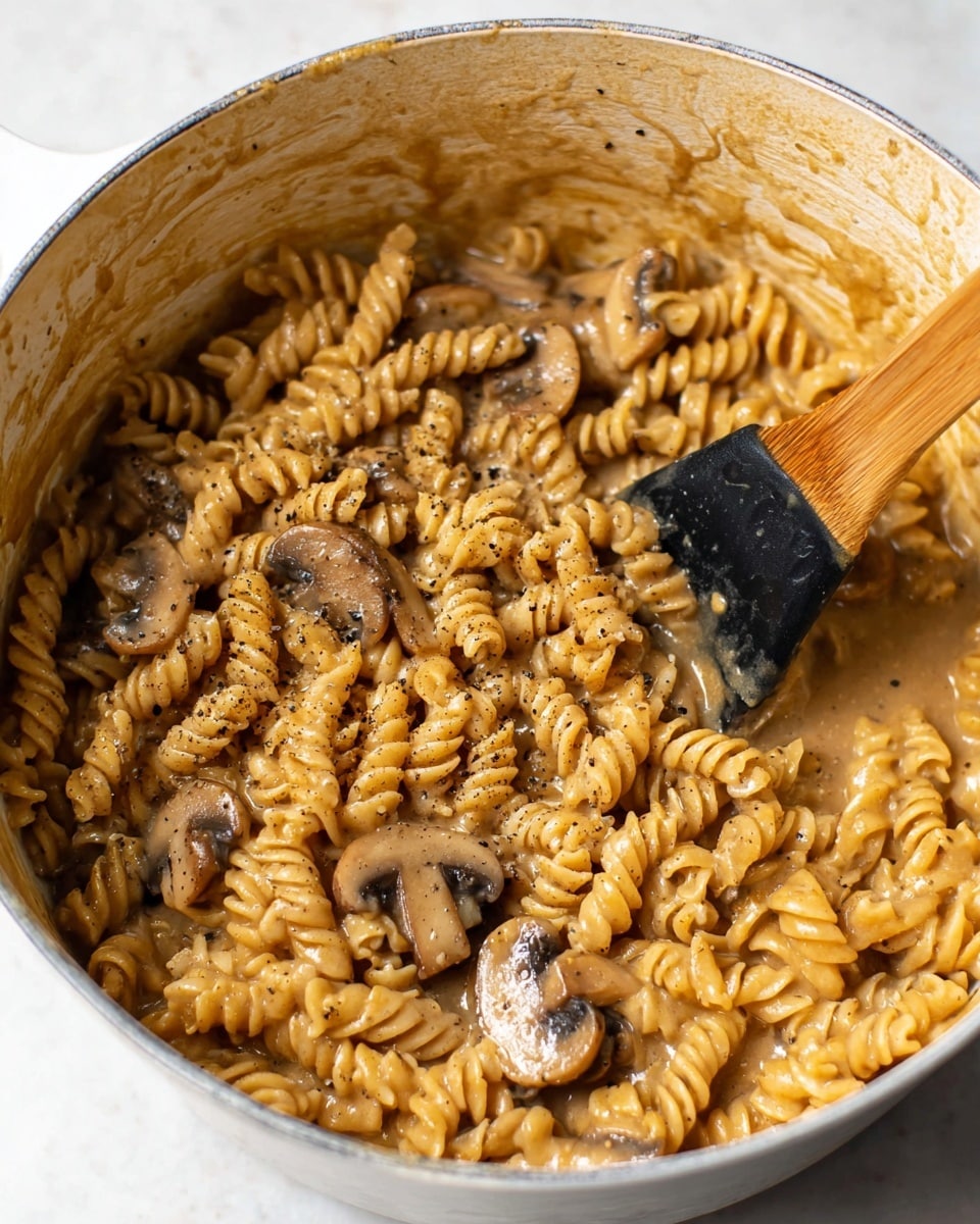 The image shows a close-up view of a white pot filled with creamy rotini pasta mixed with sliced brown mushrooms. The pasta and mushrooms are coated in a thick light brown sauce with visible black pepper sprinkled on top. A wooden spoon with a black silicone head is stirring the mixture from the right side inside the pot. The sides of the pot have some sauce splatters. The background is a white marbled surface. photo taken with an iphone --ar 4:5 --v 7