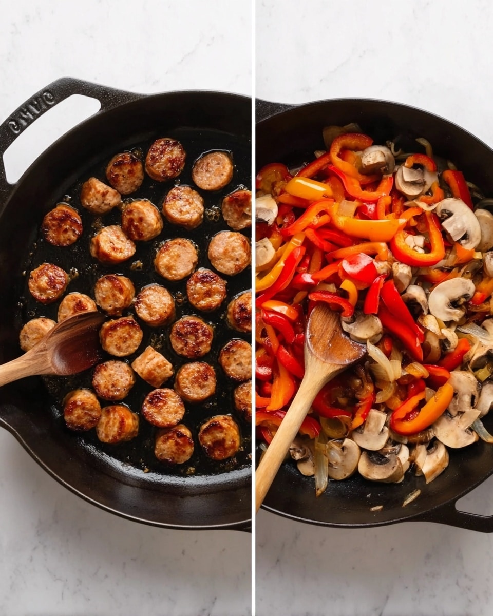 The image shows two side-by-side frames of food cooking in a black cast iron pan on a white marbled surface. The left side has small round sausage pieces browned and sizzling in the pan, with a wooden spoon stirring them in from the right. On the right side, the pan is filled with sliced red and orange bell peppers and halved white mushrooms, all lightly cooked and mixed together with the wooden spoon stirring from the right side. The texture of the sausages is crispy on the edges, while the vegetables look soft and tender. The photo taken with an iphone --ar 4:5 --v 7