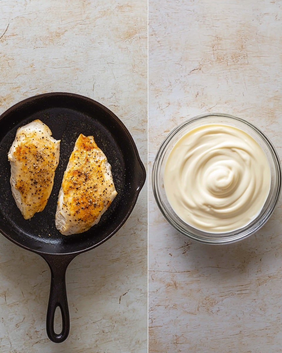 This image shows two parts side by side on a white marbled texture background. On the left, there is a black cast iron frying pan with two pieces of cooked chicken with a light golden brown color on top, slightly seasoned with black pepper, positioned near the center. On the right, there is a clear glass bowl filled with a smooth, creamy white sauce swirled in the middle. The wood texture is replaced by a white marbled texture. Photo taken with an iphone --ar 4:5 --v 7
