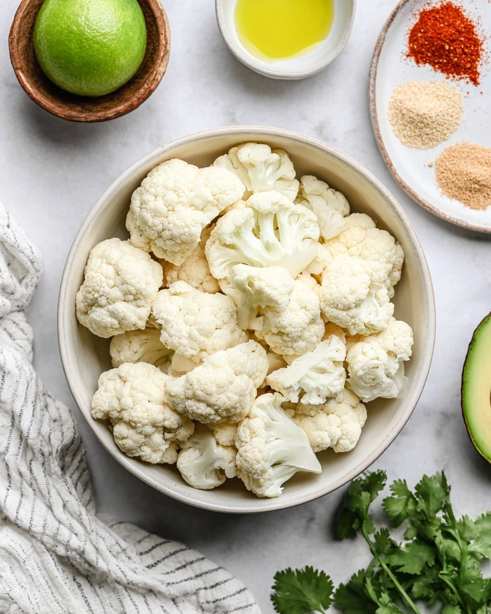A white bowl filled with many cauliflower florets, showing their creamy white and slightly bumpy texture, is placed on a white marbled surface. Around the bowl, there is a halved lime with green flesh at the top left, a small dish with light yellow oil above the bowl, a white plate with four piles of different powdered spices in red, light brown, and beige at the top right, and a sliced avocado showing light green flesh on the right side. Fresh green cilantro leaves are at the bottom left near a white and gray striped cloth. The photo taken with an iphone --ar 4:5 --v 7