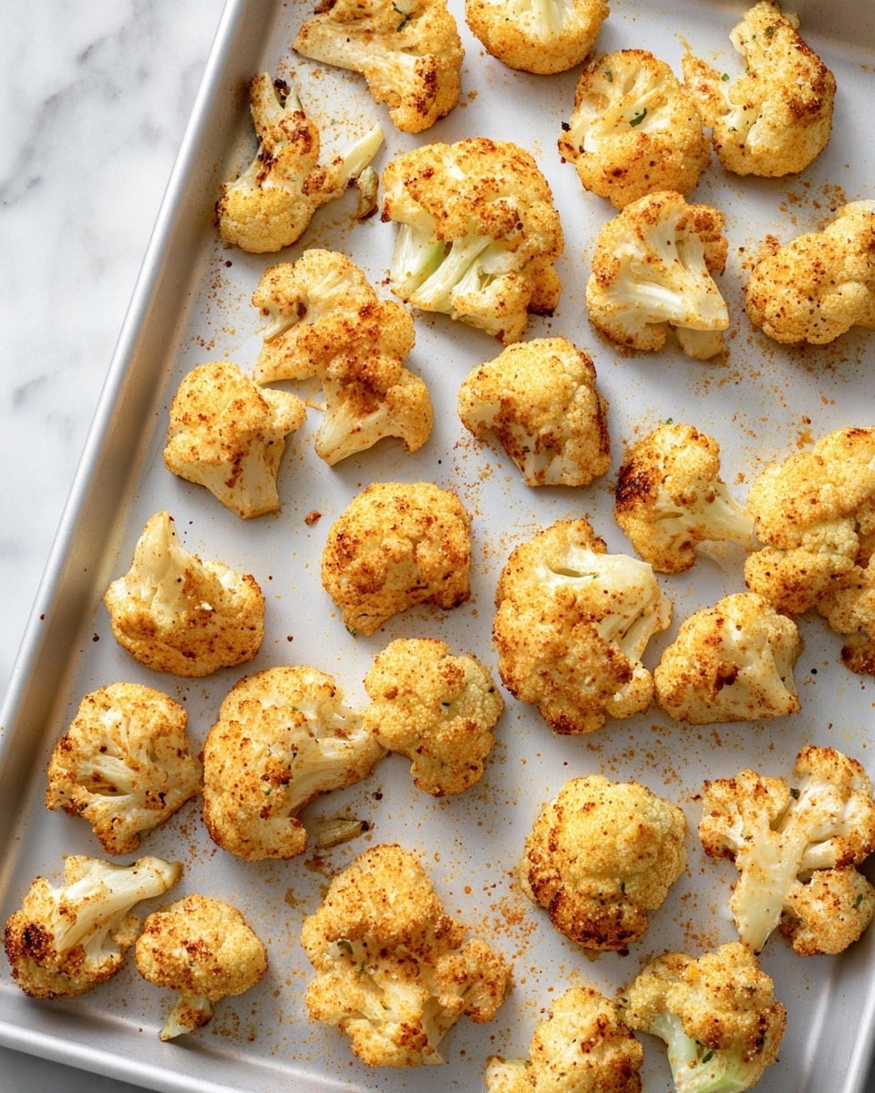 Roasted cauliflower florets are spread out on a white baking tray. There are about 30 pieces of cauliflower, each with a light golden brown color and some darker brown spots from roasting. The cauliflower pieces are uneven in size and shape, showing their natural texture with bumpy, clustered tops and short stems. The cauliflower is dusted with orange and brown spices that create a speckled pattern on each floret. The baking tray is on a white marbled surface. photo taken with an iphone --ar 4:5 --v 7