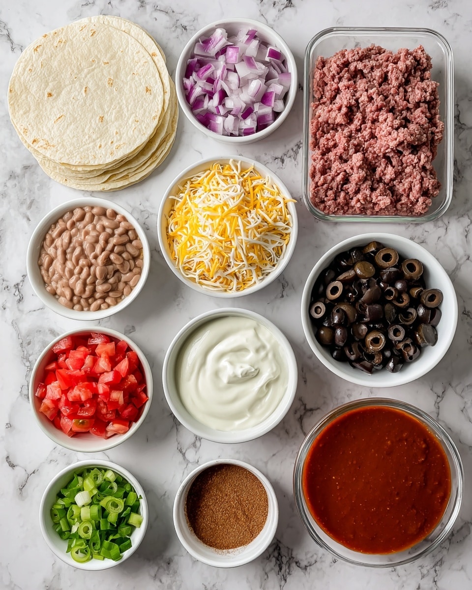 The image shows a white marbled surface with 12 small white bowls and containers arranged neatly, each holding different ingredients for a meal. On the left side, there are three light beige tortillas stacked in a small pile. Above the tortillas, a bowl of diced red onions and a bowl of diced bright red tomatoes are visible. In the center, a small bowl of white sour cream sits next to a bowl of shredded cheese with yellow and white strands mixed together. Nearby is a bowl of sliced black olives, shiny and dark. On the right side, a plastic container holds raw ground beef with a pink color and a textured surface. Above this, there is a bowl of red enchilada sauce with a smooth, glossy texture. Below the cheeses, a bowl of chopped green onions has a fresh green color. Adjacent to this are a bowl of light brown refried beans and a tiny bowl with reddish-brown taco seasoning powder, next to an empty small white bowl with some water. The white marbled surface makes all colors clear and bright. photo taken with an iphone --ar 4:5 --v 7