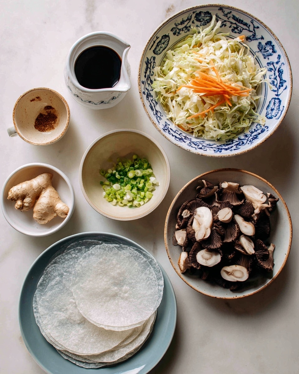 A layered image shows a white plate with green and black olive patterns holding a pile of dark brown shiitake mushrooms with creamy white centers at the top right. Next to it, slightly above, is a white bowl with blue patterns filled with a shredded coleslaw mix of pale green cabbage and thin orange carrot strips. Below this, a small tan bowl contains bright green scallions chopped finely. To the left, a small white spouted container holds a dark brown liquid labeled coconut aminos. Above this is a small white bowl with a piece of light brown ginger and three pale garlic cloves. At the bottom, there is a blue plate holding stacked circular translucent rice papers, laying on a white marbled surface photo taken with an iphone --ar 4:5 --v 7