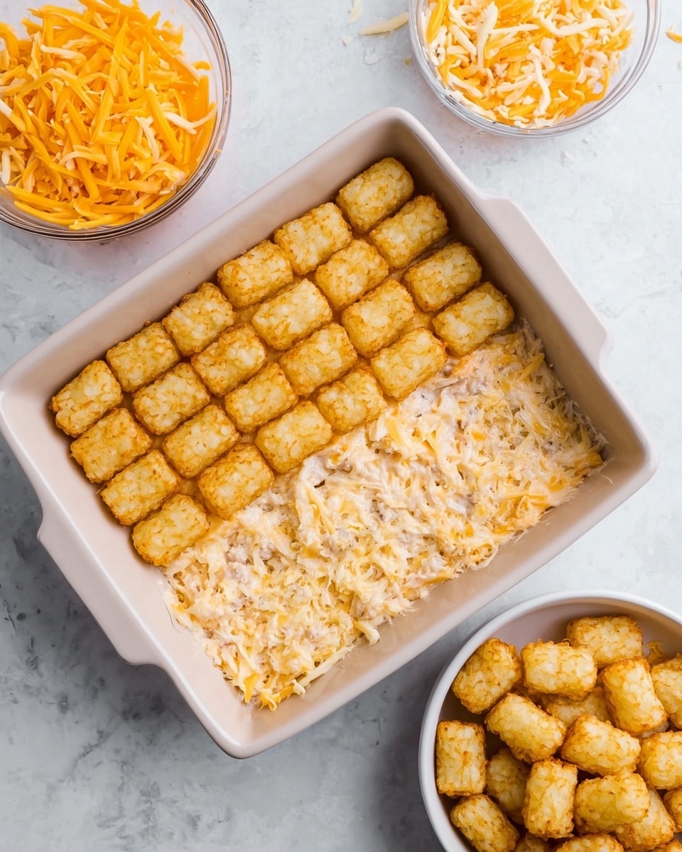 A white ceramic square baking dish contains two layers: the bottom layer is a creamy, shredded orange and white chicken mixture spread evenly across the dish, and the top layer consists of small, golden-brown tater tots arranged in neat rows covering half of the dish. To the top left of the baking dish, a clear round bowl holds shredded orange and white cheese, and to the top right, there is a white bowl filled with more golden tater tots. The surface underneath is a white marbled texture. photo taken with an iphone --ar 4:5 --v 7