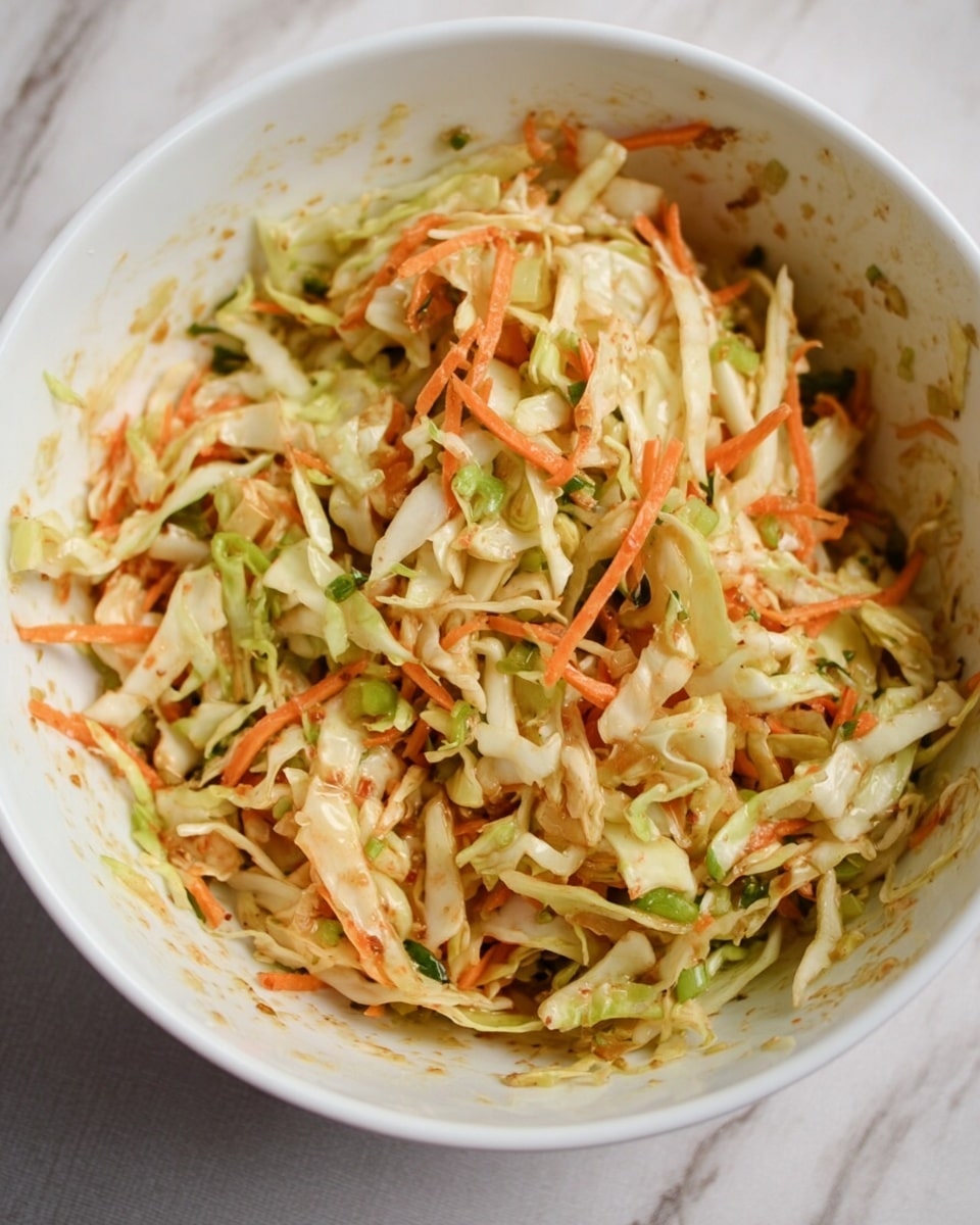 A white bowl filled with a mixed salad, showing shredded light green cabbage and thin orange carrot strips evenly spread throughout, with hints of small green pieces that add texture. The salad looks moist with a light dressing coating the vegetables, making them slightly glossy. The bowl’s inside edge has some dressing marks and small bits of vegetables stuck to it, emphasizing the fresh mix. The background is a white marbled texture. photo taken with an iphone --ar 4:5 --v 7