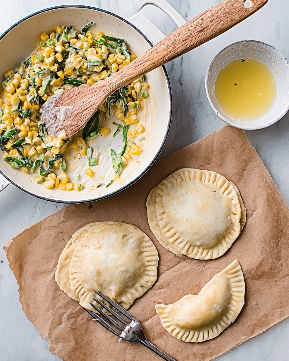 A white pan filled with a creamy mixture of corn and green peppers sits on a white marbled surface, with a wooden spoon resting inside. In front of the pan on brown parchment paper, there are three round dough pieces: one flat with some of the creamy mixture of corn and peppers on top, and two folded over into half-moons with crimped edges. A silver fork is placed nearby, and a small white bowl with a yellow liquid, likely egg wash, is also on the parchment. A woman's hand is about to hold the fork. Photo taken with an iphone --ar 4:5 --v 7