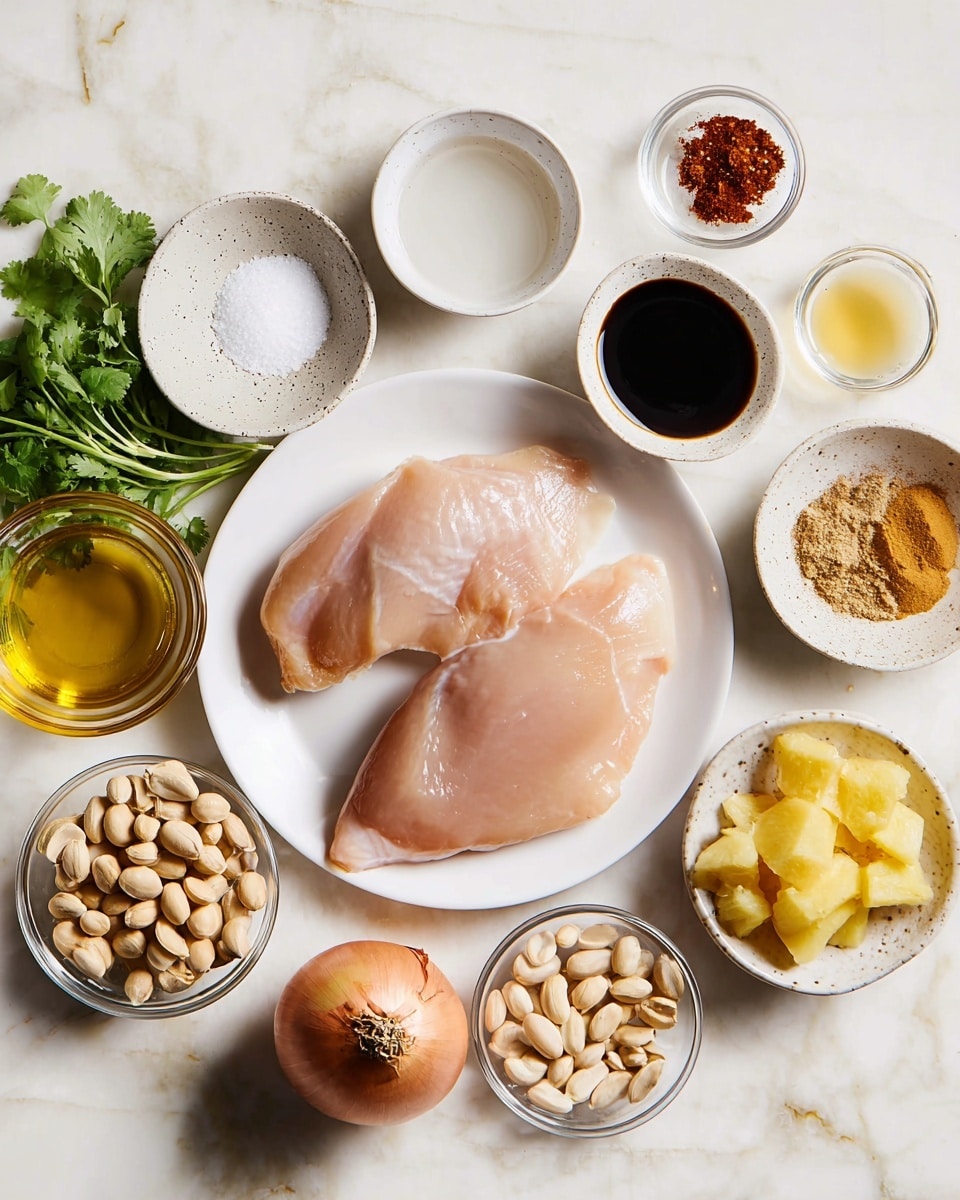 A white plate at the center holds two raw, pale pink pieces of chicken with smooth, moist texture. Around the plate are small white bowls and dishes containing various ingredients: a bowl of white liquid to the left, a speckled small bowl of salt above it, a clear bowl with light yellow oil, a speckled bowl with light brown powder near top right, and a small white bowl with creamy brown sauce. Near this bowl is a small glass bowl with dark soy sauce and another small glass bowl with dark liquid next to it. Below these, a white bowl holds light brown peanuts. To the bottom right, a glass bowl has reddish sauce. There is a whole golden brown onion on the marble surface near the plate. On the left, a small white dish contains dark amber liquid, with garlic cloves and pineapple puree in a small glass bowl near fresh green cilantro leaves. The whole scene is set on a white marbled surface, photo taken with an iphone --ar 4:5 --v 7
