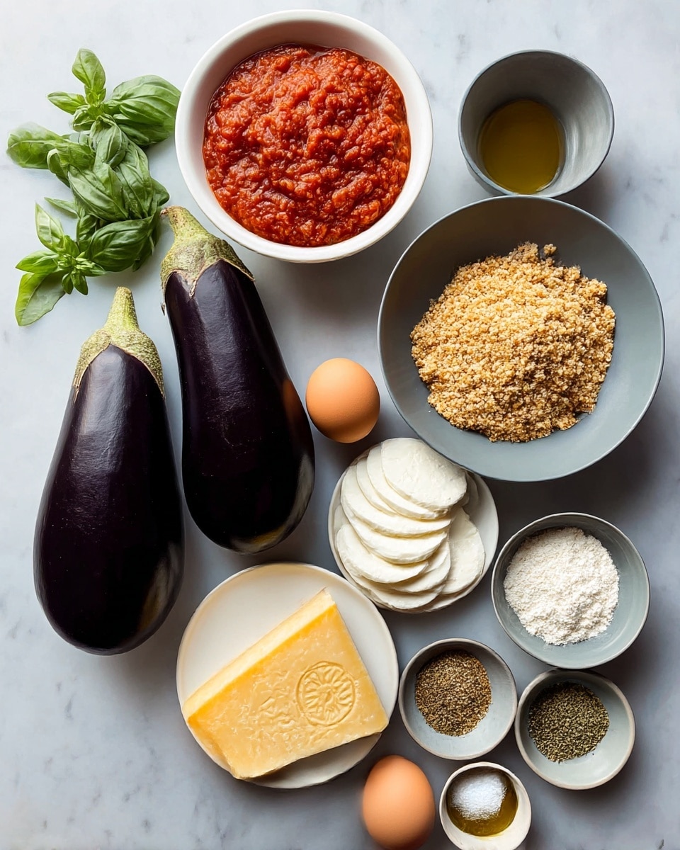 The image shows a collection of ingredients arranged neatly on a white marbled surface. Two large, shiny, dark purple eggplants lie side by side near the center. Above them, a white bowl is filled with chunky red tomato sauce. To the right, a gray bowl holds a mound of light brown crumbs. Below, a white plate displays slices of white cheese fanned out next to a wedge of firm yellow cheese with a stamped pattern. Two brown eggs rest near the center next to small bowls of dried herbs, granulated seasoning, white flour, and a small amount of olive oil in a metal container. Fresh green basil and oregano leaves are placed near the top left corner. photo taken with an iphone --ar 4:5 --v 7