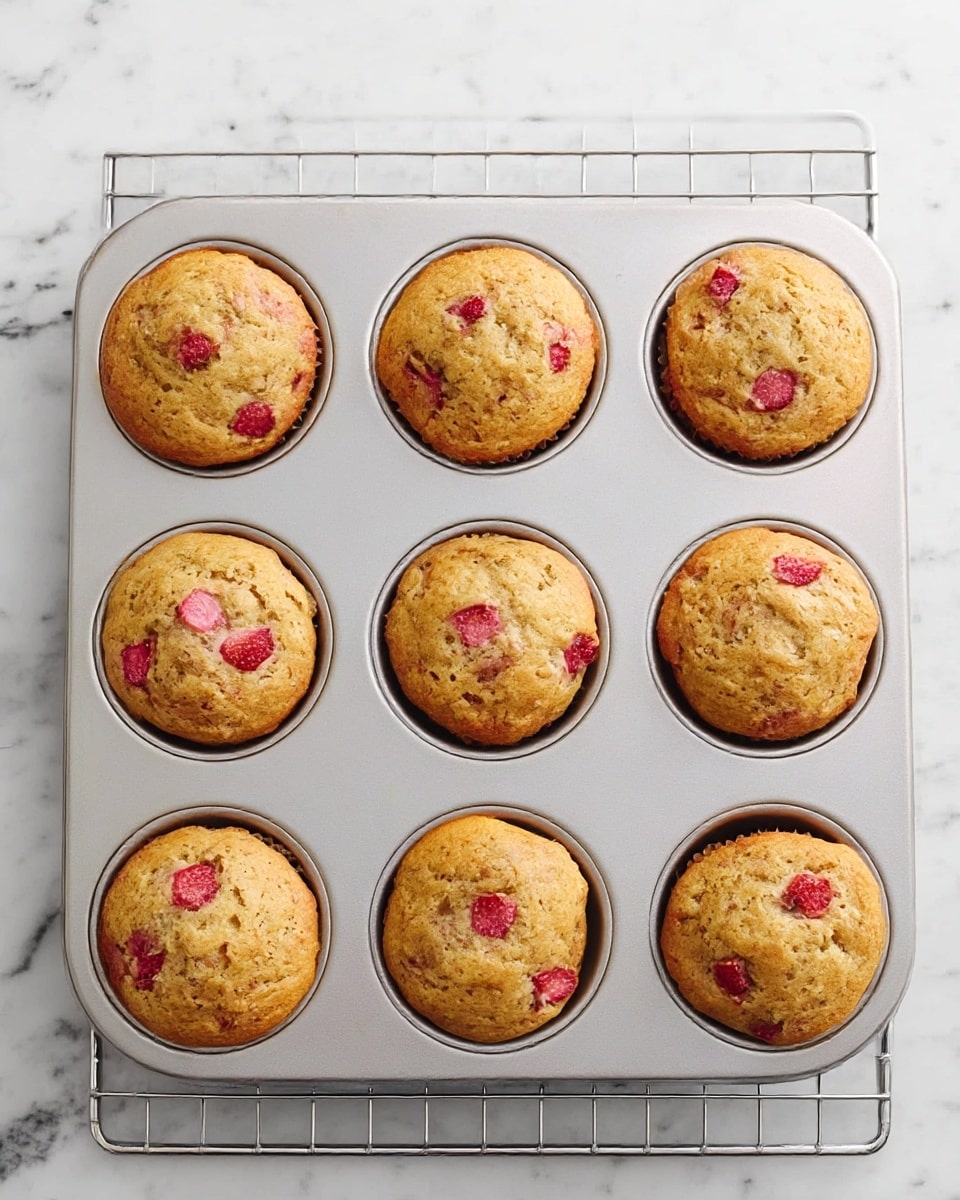 A silver baking tray holds twelve freshly baked muffins, each muffin showing a golden brown top with small red pieces of strawberry embedded in the surface. The muffins fill each round cup of the tray, which is placed on a white wire cooling rack. The whole setup is on a white marbled surface, giving a clean and bright look to the image. The muffins have a slightly rough texture with visible crumb details and the pink-red strawberry pieces add contrasting color throughout. photo taken with an iphone --ar 4:5 --v 7