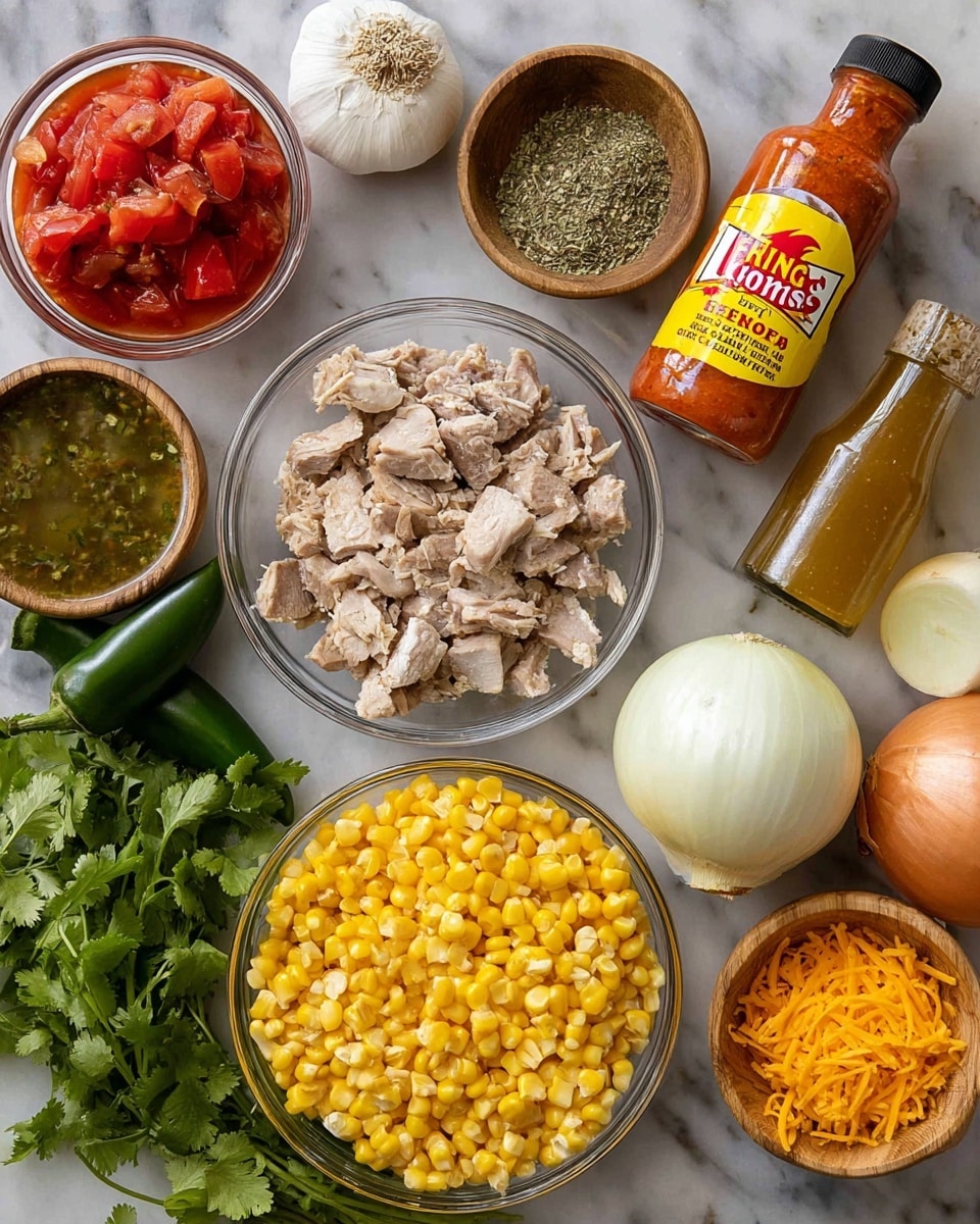 The image shows several ingredients arranged on a white marbled surface: a clear glass bowl filled with small pieces of light brown cooked meat placed in the center, below it a clear glass bowl with bright yellow corn kernels; to the left a glass bowl with chunky red tomatoes, fresh green cilantro leaves, a bulb of white garlic, a small pile of dried herbs, and a whole dark green jalapeno pepper; to the right, a white onion half and a golden brown whole onion, a small wooden bowl of finely shredded bright orange cheese, a wooden bowl with green salsa, a glass container with a golden liquid, and a large bottle of orange Frank's Red Hot Wings buffalo sauce with a yellow and white label. photo taken with an iphone --ar 4:5 --v 7