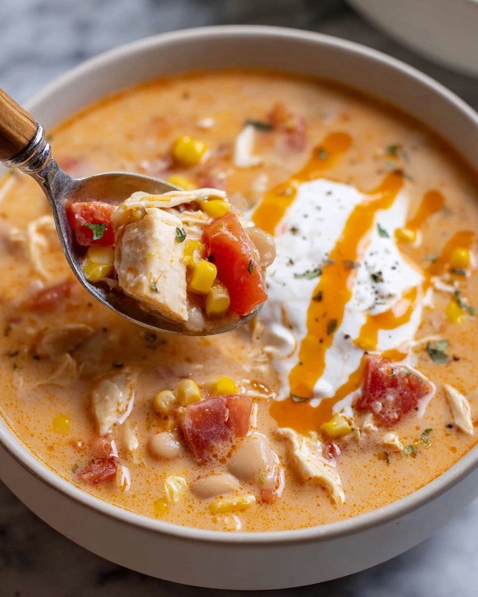 The image shows a creamy orange soup filled with chunks of white chicken, yellow corn, and red tomato pieces in a white bowl. On top of the soup there is a dollop of white sour cream with a drizzle of bright orange sauce. A silver spoon with a wooden handle lifts a spoonful of the soup, showing the mix of corn, chicken, tomato, and white beans. The bowl is placed on a white marbled surface. photo taken with an iphone --ar 4:5 --v 7