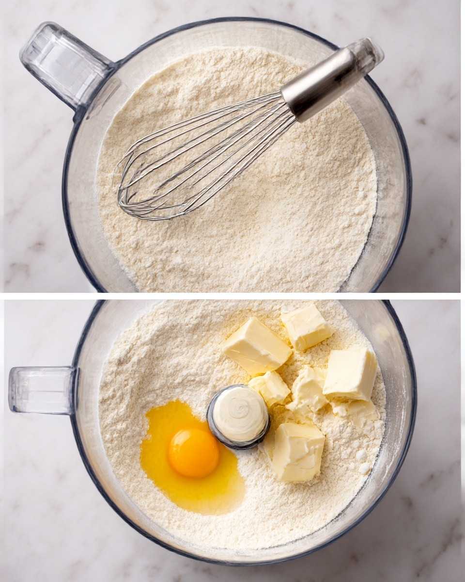 The image shows a clear food processor bowl on a white marbled surface, filled with white flour. In the first part, there is a metal whisk resting on top of the flour, the flour has a powdery texture and looks soft. In the second part, inside the same bowl, there are chunks of pale yellow butter scattered on one side on top of the flour, next to a single yellow egg yolk pooling slightly in its surrounding flour. The bowl's handle is visible at the top left in both images. Photo taken with an iphone --ar 4:5 --v 7
