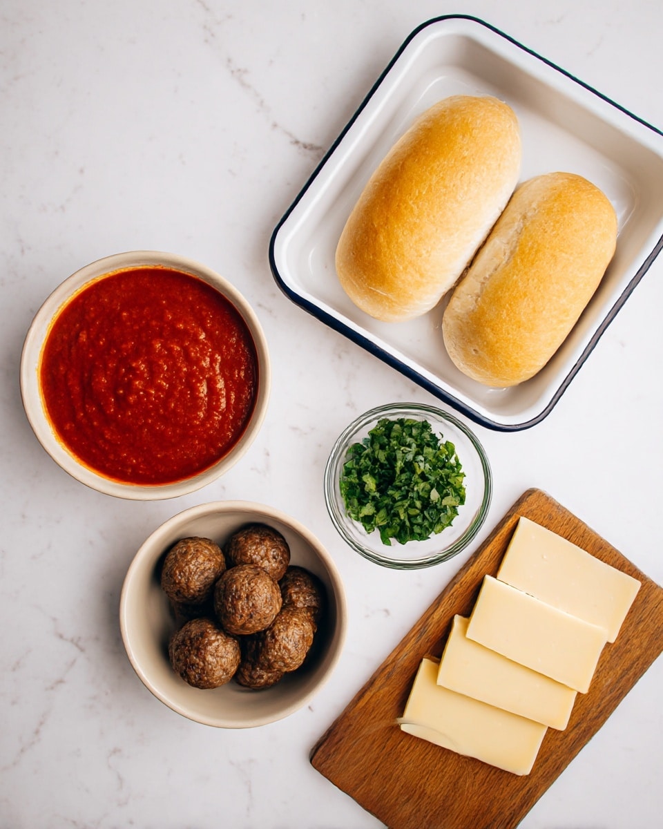 The image shows a top view of food ingredients arranged on a white marbled surface. On the top right, there are two soft golden brown rolls placed side by side inside a white tray with a dark blue rim. To the left of the rolls, there is a small bowl filled with rich red tomato sauce that has a slightly chunky texture. Below the bowl of sauce, a beige bowl holds several brown cooked meatballs with a slightly rough surface. To the right of the meatballs, a small clear glass bowl contains fresh chopped green herbs. At the bottom right, a wooden board holds five round, smooth slices of pale yellow cheese stacked neatly. The composition is clean and organized, with all items clearly visible. Photo taken with an iphone --ar 4:5 --v 7