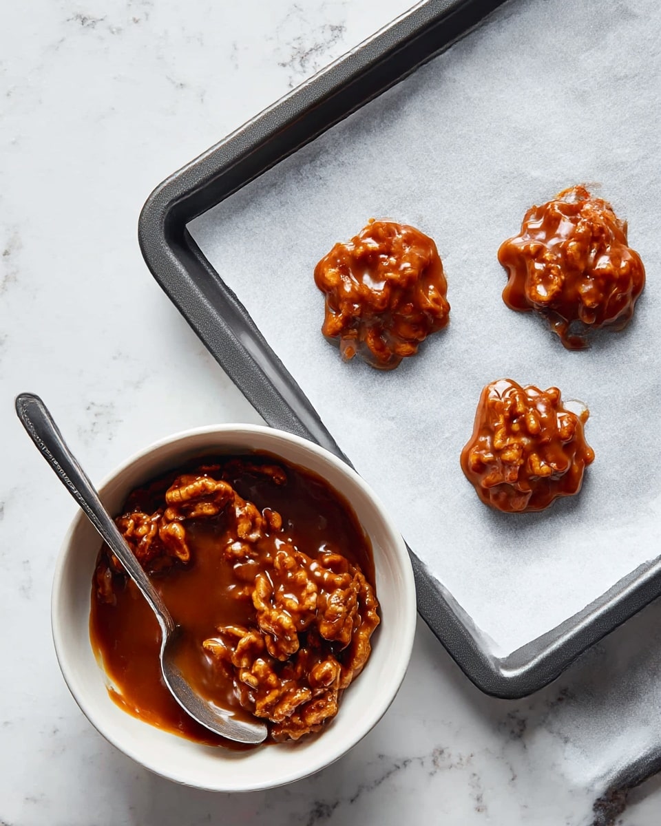 There is a dark gray baking tray lined with white parchment paper holding three small clusters of glossy, rich brown caramel-coated pecans spaced evenly in a triangle shape. On the lower left corner of the image rests a white round bowl filled with more caramel pecans, with a silver spoon slightly submerged in the sticky mixture. Everything is placed on a white marbled surface that adds a clean contrast to the warm brown tones of the candy. Photo taken with an iphone --ar 4:5 --v 7