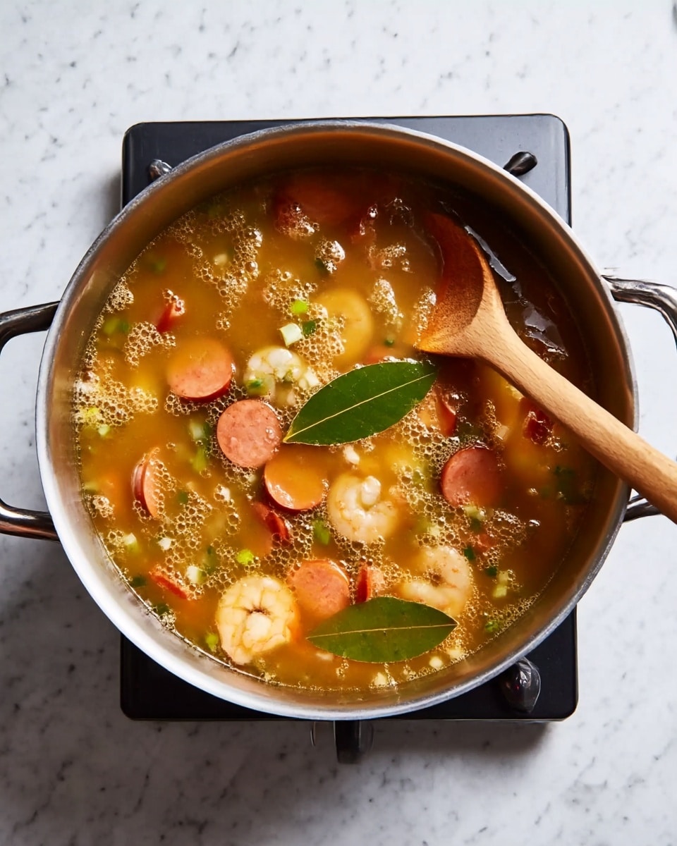 A metal pot filled with a light brown broth with small bubbles on the surface sits on a white marbled countertop. Inside the broth, there are visible sliced orange sausages, small chopped white and green vegetables, and shrimp scattered throughout. A wooden spoon lies across the top of the pot with its handle resting on the edge. A single green bay leaf floats on the surface near the center. The pot has two metal handles on each side and rests on a dark burner. Photo taken with an iphone --ar 4:5 --v 7