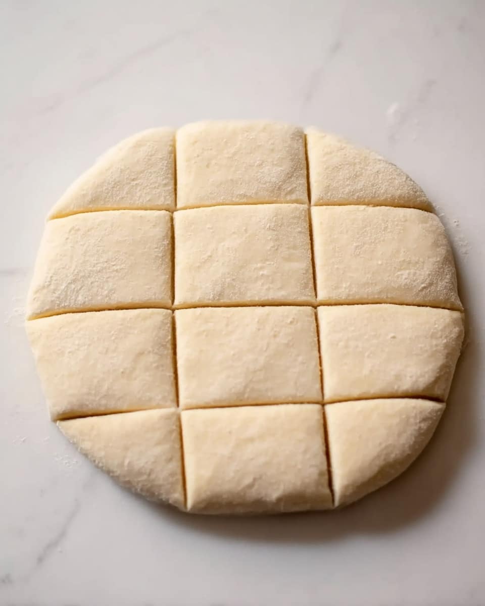 A round, flat dough is spread out on a white marbled surface. It is neatly divided into 16 even square pieces by shallow cuts arranged in a 4 by 4 grid. The dough has a smooth texture with a pale beige color and slight dusting of flour. The edges of the dough are slightly uneven but mostly round, showing it was rolled out by hand. The image focuses closely on the dough, showing the clean, soft surface and defined cuts. photo taken with an iphone --ar 4:5 --v 7