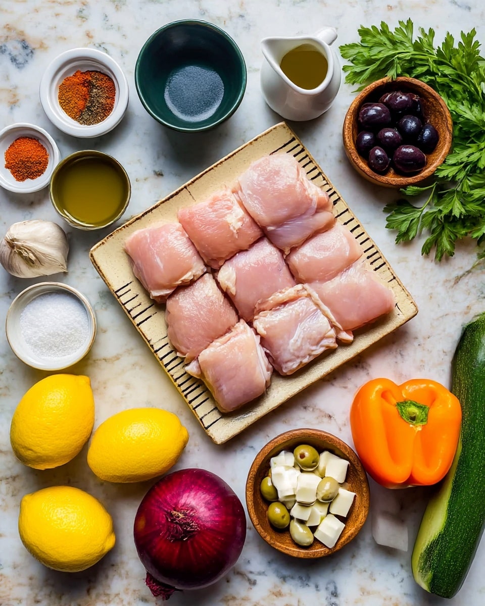 The image shows raw chicken pieces arranged in three rows on a square beige plate with dark lines. To the left of the plate, there are small white bowls containing spices and a garlic clove, a dark green bowl with salt, and a white pitcher with olive oil. Below these bowls, two bright yellow lemons sit next to a whole dark purple onion and a red tomato. To the right of the plate, three small wooden bowls hold black olives, green olives, and white cube-shaped cheese. A whole orange bell pepper is placed next to a green zucchini on a white marbled surface. At the top right corner, fresh green parsley leaves add a touch of color. Photo taken with an iphone --ar 4:5 --v 7