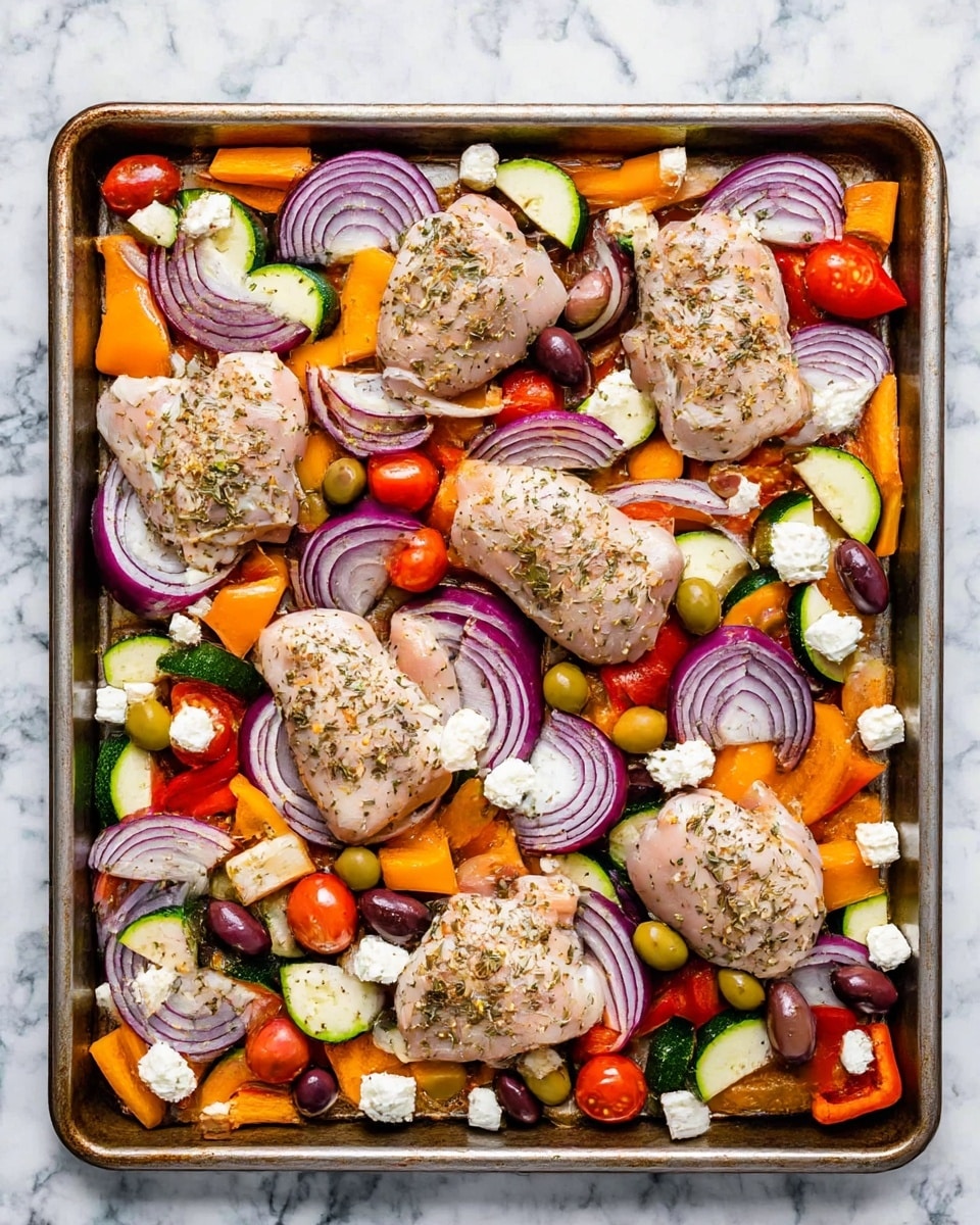 The image shows a metal baking tray filled with a colorful mix of ingredients. There are eight pieces of raw chicken placed evenly across the tray, each sprinkled with herbs and spices. Surrounding the chicken are thick slices of red onion, wedges of red tomatoes, chunks of orange bell peppers, and slices of green zucchini. Scattered throughout are green and black olives along with small white cubes of feta cheese. The tray rests on a white marbled surface, creating a clean and bright background. photo taken with an iphone --ar 4:5 --v 7