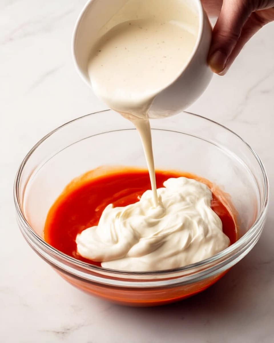 A clear glass bowl holds three layers of sauces being mixed: the bottom layer is a smooth bright red hot sauce, the middle layer is a thick white creamy sauce with soft folds, and the top layer is a light creamy sauce with small specks, poured from a small white bowl held by a woman's hand positioned above the glass bowl. The scene is set on a white marbled surface. photo taken with an iphone --ar 4:5 --v 7