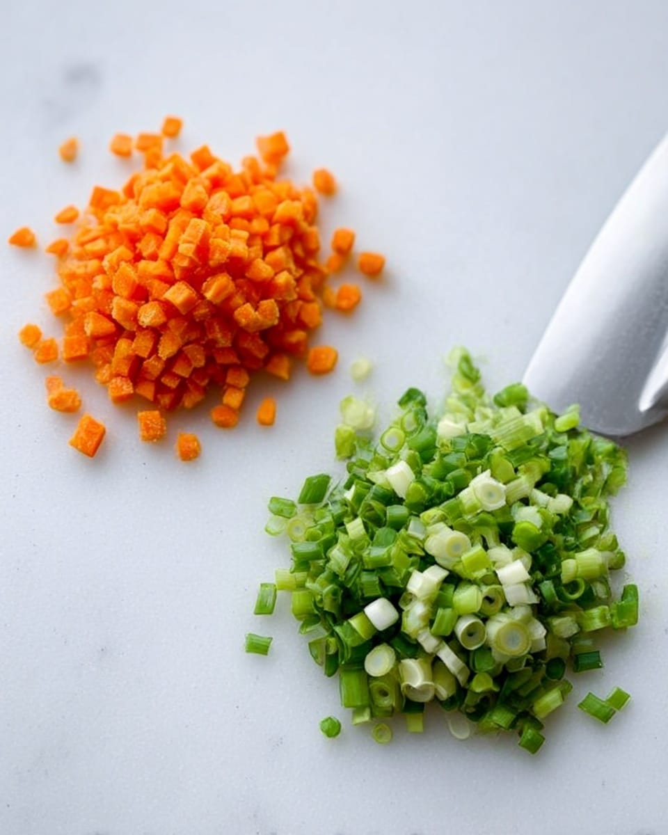 The image shows two piles of finely chopped vegetables on a white marbled surface. On the left, there is a small heap of bright orange carrots, diced into tiny square pieces, with a slightly rough texture. On the right, there is a slightly larger pile of chopped green onions, cut into thin round slices, showing both light green and white parts. A shiny silver knife is placed near the chopped green onions on the right side of the image. photo taken with an iphone --ar 4:5 --v 7
