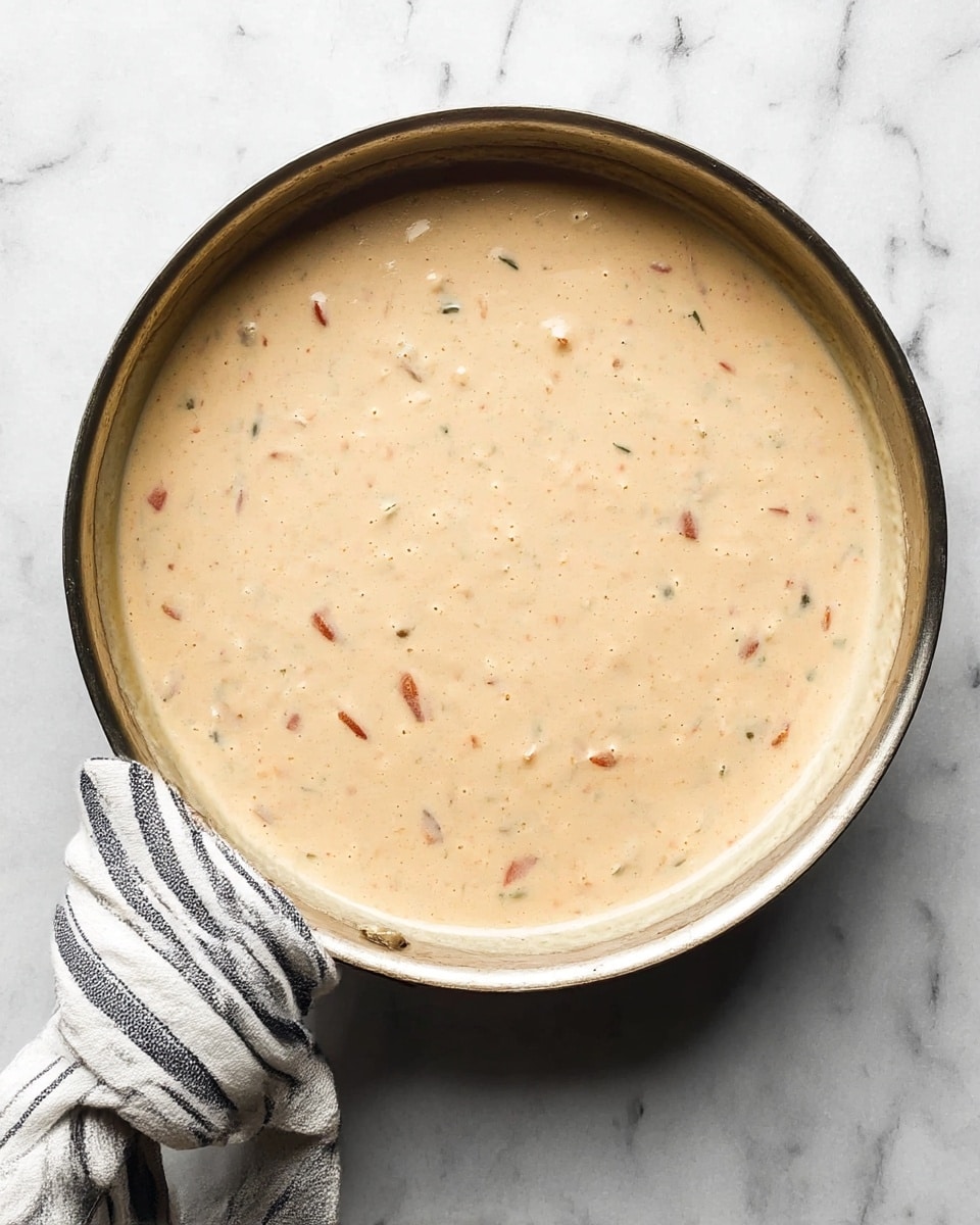 A round metal pan filled with a creamy, light beige sauce that has small bits of red and green mixed inside, giving it a speckled look. The sauce is smooth and covers the entire surface of the pan evenly. The pan handle is wrapped with a striped cloth, and everything is placed on a white marbled surface. photo taken with an iphone --ar 4:5 --v 7