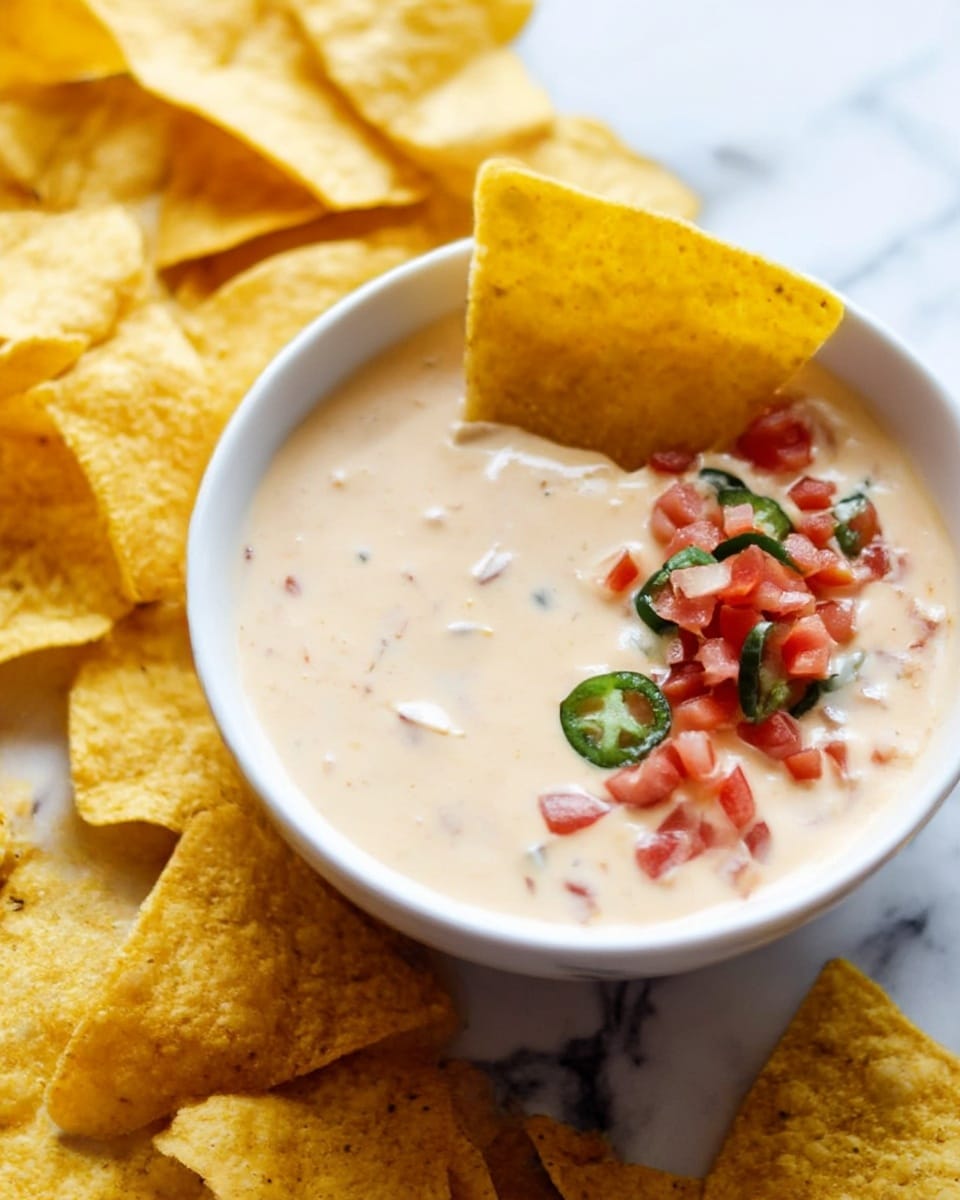 A white bowl filled with creamy, light beige cheese dip topped with small pieces of diced red tomato and green jalapeño on the right side. A yellow corn chip is partially dipped in the bowl on the left side, with many other yellow corn chips surrounding the bowl. The background is a white marbled surface. Photo taken with an iphone --ar 4:5 --v 7
