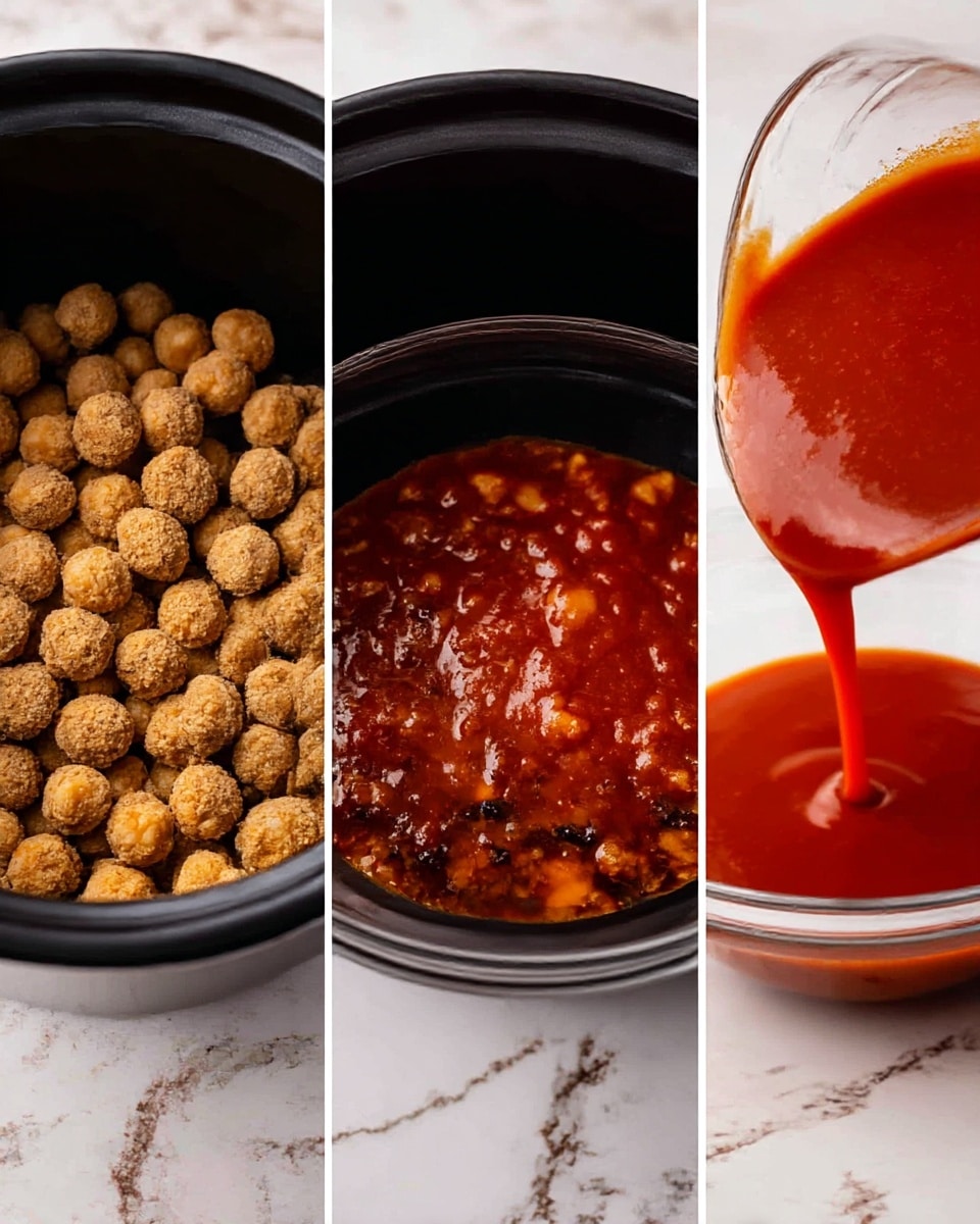 The image shows three side-by-side photos. The left photo has many small, round, light-brown balls inside a black pot, appearing dry and textured. The middle photo shows a clear glass bowl on a white marbled surface with a thick, shiny red sauce mixed with other darker and lighter ingredients. The right photo captures a liquid of red sauce being poured from a glass bowl onto the light-brown balls inside the black pot, creating a smooth, glossy layer of sauce on top. Photo taken with an iphone --ar 4:5 --v 7
