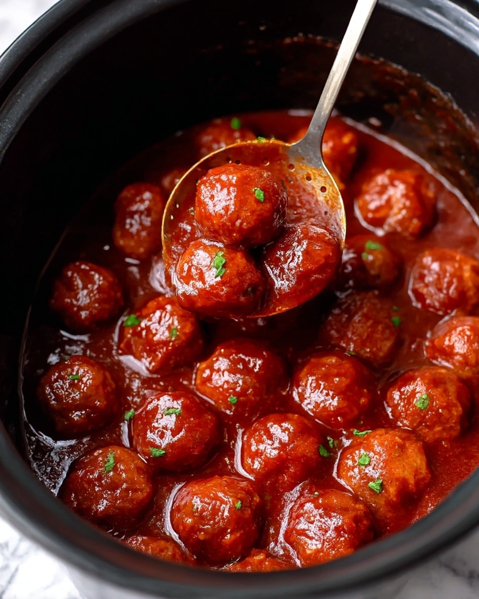The image shows a close-up of many small round meatballs in a thick, shiny red sauce inside a black pot. The meatballs are evenly coated with the sauce, giving them a glossy, smooth texture. Small green herb pieces are sprinkled on top, adding a touch of color contrast. A silver slotted spoon is lifting some meatballs from the pot, catching the light and showing the shine of the sauce. The background is a white marbled surface, making the dark pot and rich red sauce stand out clearly photo taken with an iphone --ar 4:5 --v 7