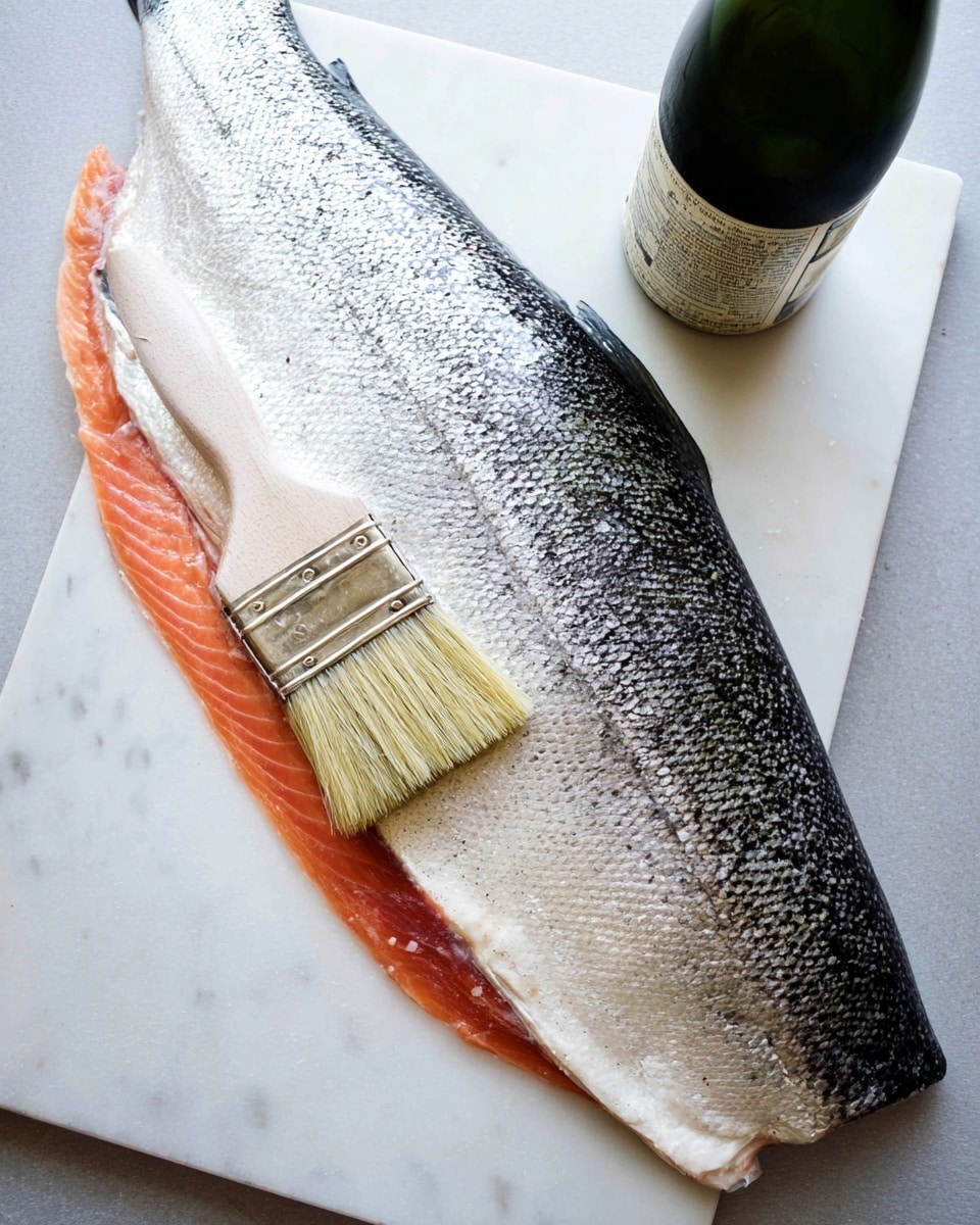 A large raw salmon fillet lies flat on a white marbled cutting board, showing its shiny silvery-gray skin with visible scales, and a small portion of orange-pink flesh peeking out at the top left edge; a wooden-handled brush with pale bristles rests sideways on the fish's skin, near the middle right side, while a dark green glass bottle with a white label stands upright at the top right corner of the image. photo taken with an iphone --ar 4:5 --v 7