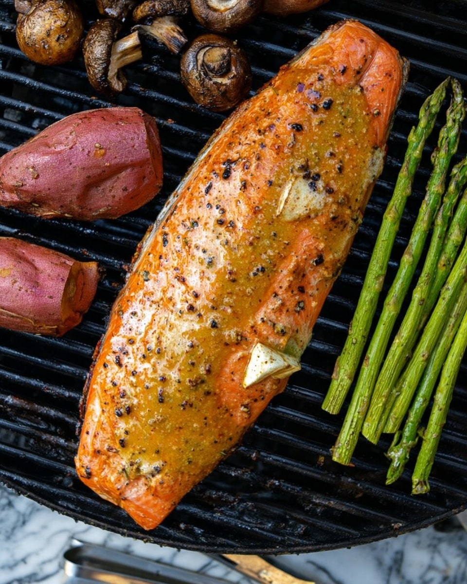 A large, cooked salmon fillet with a golden sauce and black pepper specks lies in the center of a grill. Around the salmon, there are charred, brown mushrooms on the top side, two roasted sweet potatoes with a reddish-brown skin on the bottom and left side, and green roasted asparagus spears on the top right and bottom right edges. The grill bars beneath the food are dark, and the bottom part of the image shows more asparagus and a silver grilling tool on a white marbled surface. photo taken with an iphone --ar 4:5 --v 7