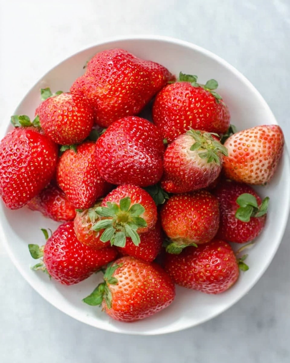 A white bowl filled with many fresh strawberries is shown from above. The strawberries are mostly red, with some showing patches of pale yellow or light green near the tops. Each strawberry has small bumps on its surface and a small green leafy cap on top. The bowl is placed on a white marbled surface. The light is soft and natural, highlighting the texture of the strawberries. photo taken with an iphone --ar 4:5 --v 7