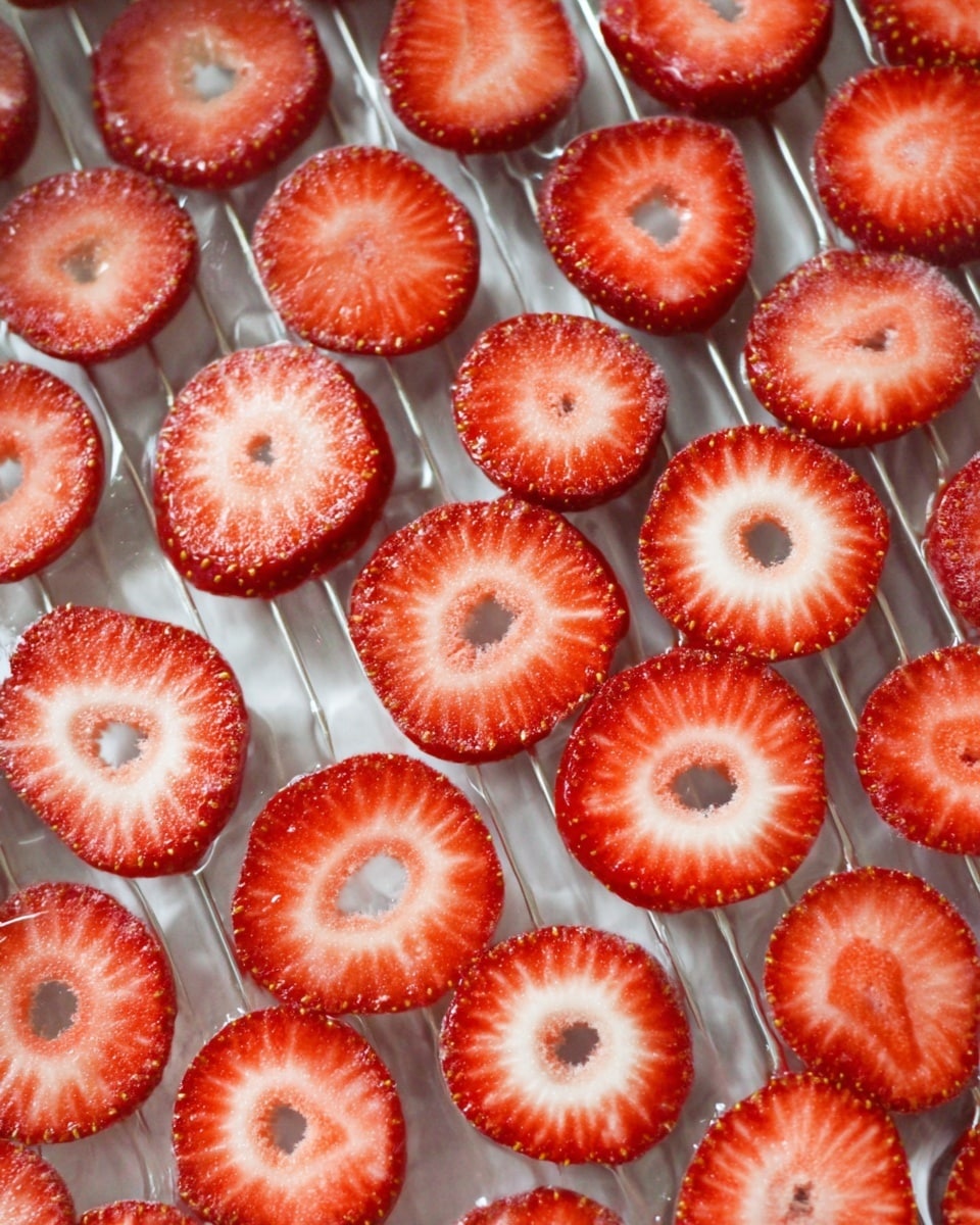 A close-up of thin, round slices of red strawberries with white centers, evenly spread on a silver metal grill rack inside a dehydrator with a clear cover, resting on a white marbled surface. The strawberries have a slightly shiny texture and are arranged in neat rows and columns, showing their hollow centers. photo taken with an iphone --ar 4:5 --v 7