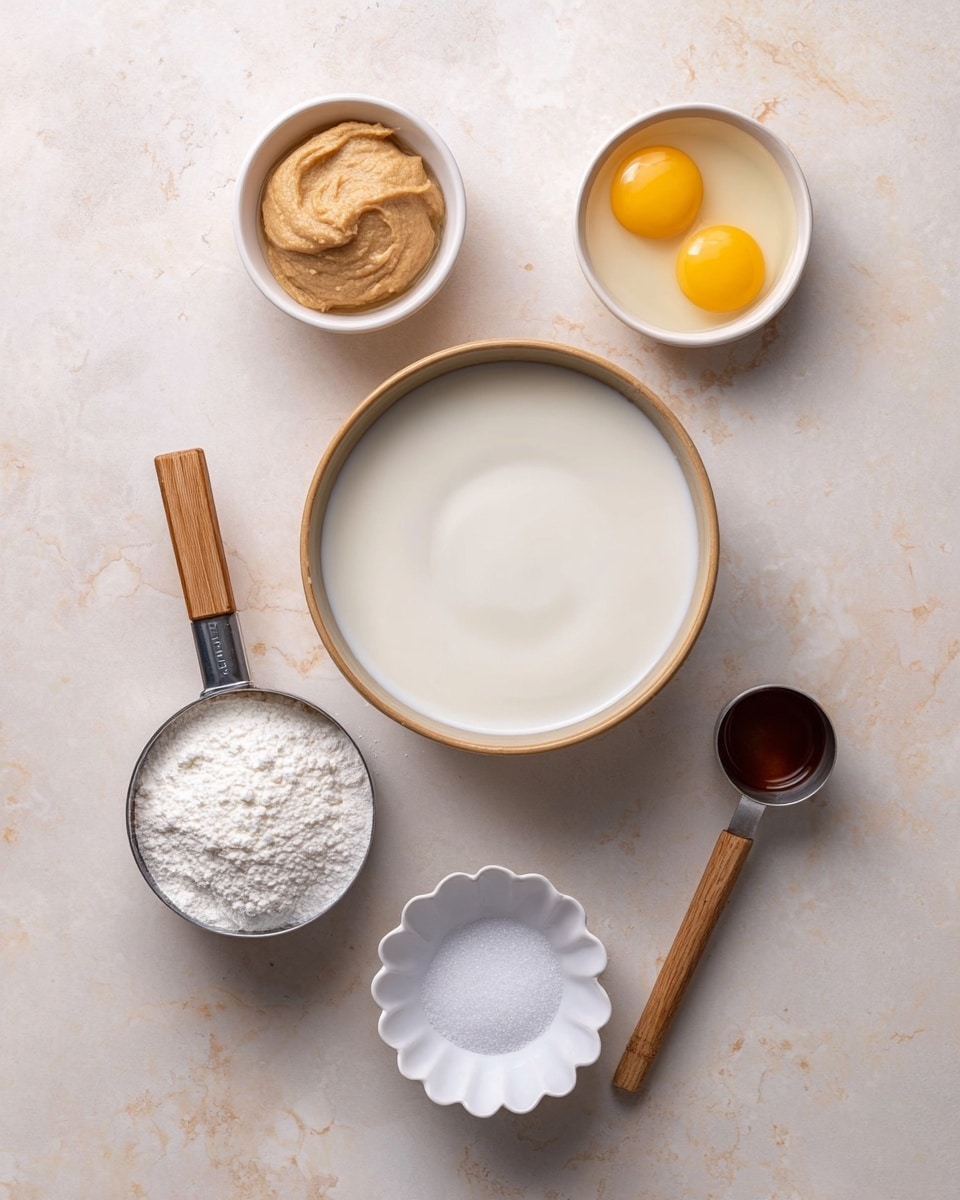 Five containers with different ingredients are arranged on a white marbled surface. At the center is a white bowl filled with a smooth, white liquid that looks thick and creamy. To the top left, a small white bowl holds a light brown paste with a soft texture. To the top right, another white bowl contains two raw eggs with bright yellow yolks and clear whites. Below the central bowl, a small white scalloped dish is filled with a white granular substance, likely sugar. To the bottom left, there is a metal measuring cup with a wooden handle filled with a white powder, and next to it is a small metal measuring spoon with a wooden handle holding a dark brown liquid. The setup looks clean and organized, ideal for showing raw ingredients. Photo taken with an iphone --ar 4:5 --v 7