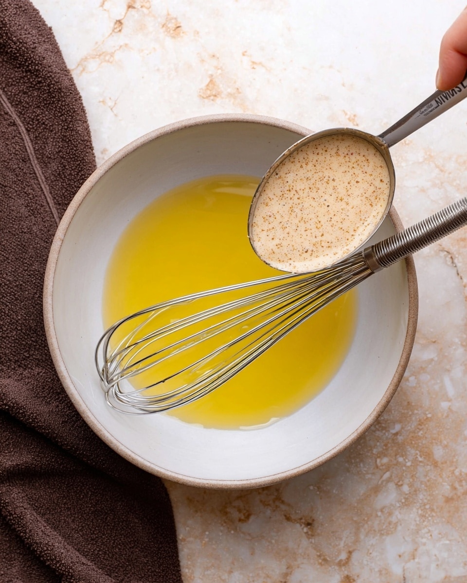 A white bowl sits on a white marbled surface with a small amount of bright yellow liquid at the bottom. Inside the bowl is a metal whisk with a smooth handle leaning to the right. Above the bowl, a spoon filled with a creamy, light beige mixture with tiny brown specks is being held by a woman's hand, about to pour into the bowl. A dark brown cloth is partially visible on the left side of the image. photo taken with an iphone --ar 4:5 --v 7