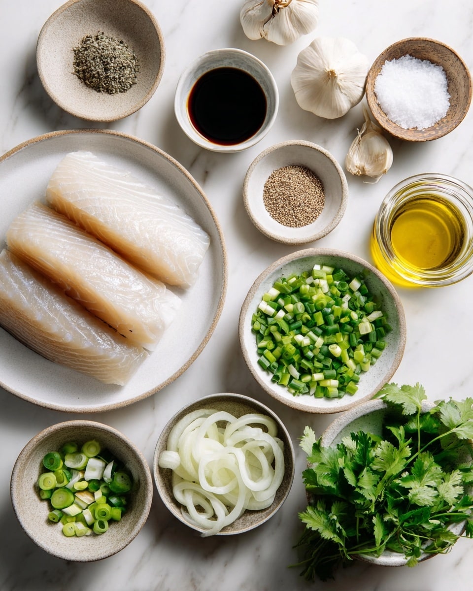 A top-down view of several small white bowls and plates arranged on a white marbled surface holding cooking ingredients, including three light beige fish fillets with a smooth and slightly glossy texture on a round white plate at the bottom left. Around the plate are small bowls with chopped green onions showing bright green and pale green rings, thinly sliced white onions with a translucent texture, a small bowl of coarse black pepper, a small bowl of clear liquid, a bowl with dark soy sauce, a bowl with two kinds of white salt, and a white bowl with fresh green herbs, possibly cilantro, with visible leaves and stems. There are also unpeeled garlic cloves and a glass container with golden-yellow oil near the center. Photo taken with an iphone --ar 4:5 --v 7