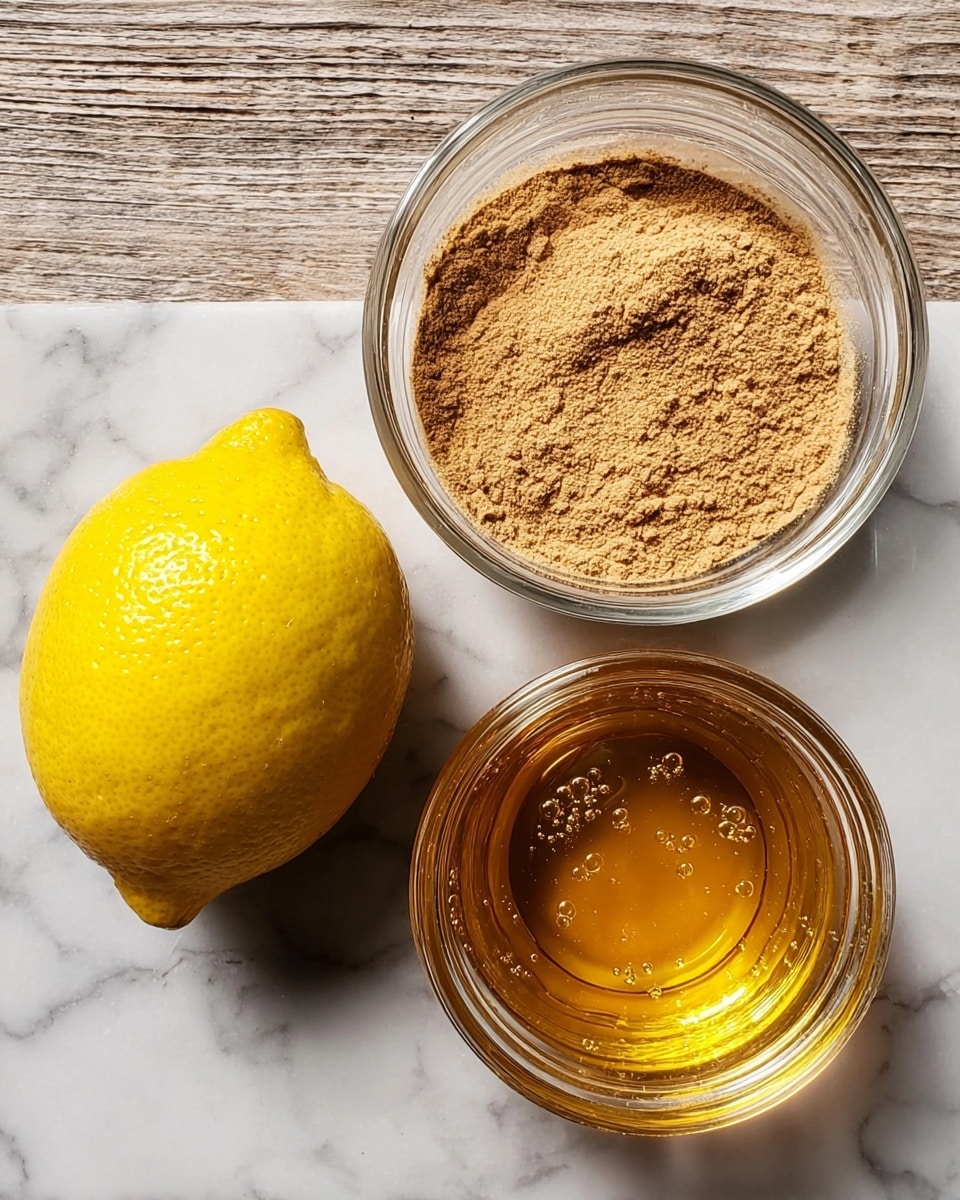 A top view of three items on a white marbled texture: a whole yellow lemon with a smooth, slightly shiny skin on the bottom left, a glass bowl filled with light brown powder with a grainy texture on the bottom right, and a glass jar filled with golden honey showing a few small bubbles in the center on the top left, all evenly spaced. Photo taken with an iphone --ar 4:5 --v 7