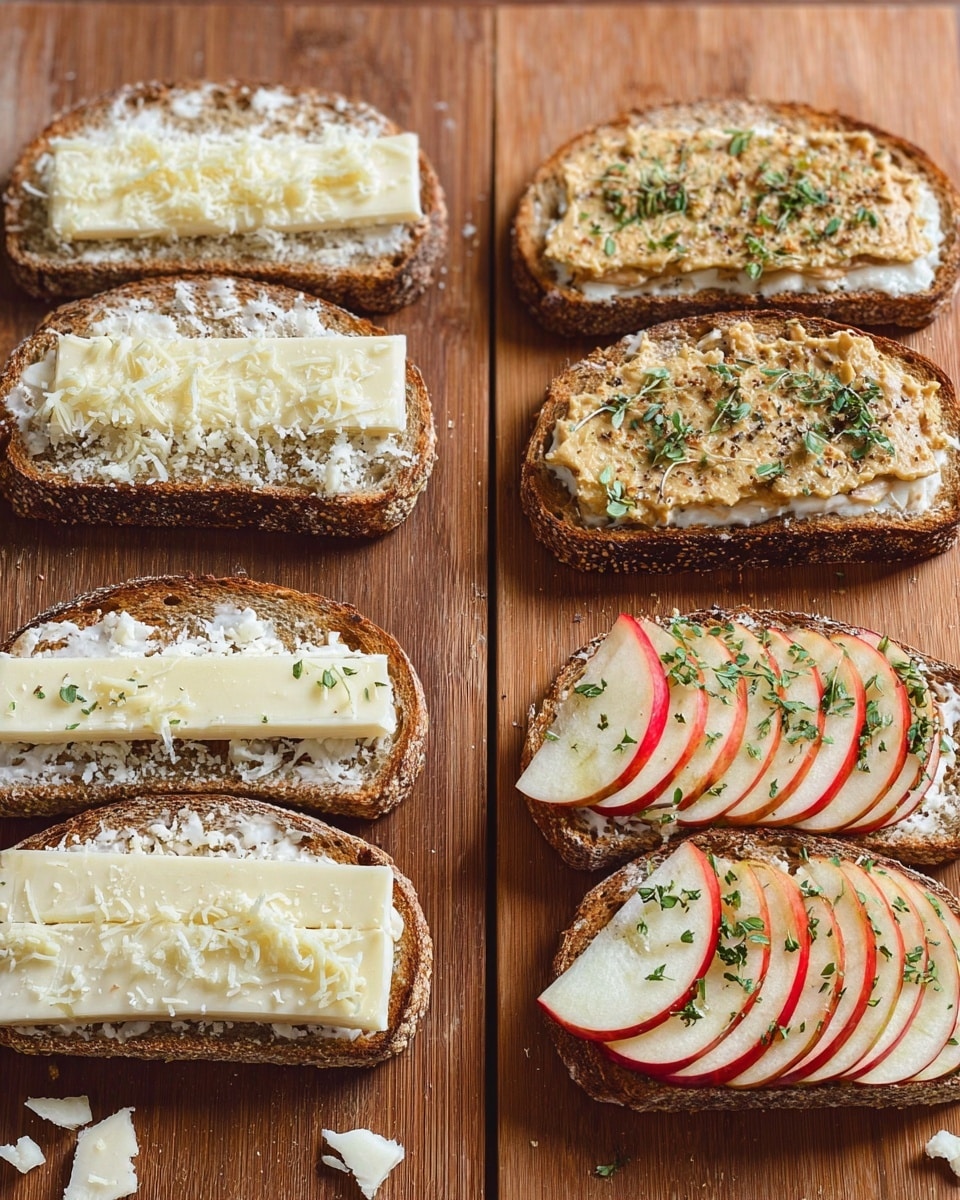 The image shows two sets of open sandwiches on a wooden board with four slices of toasted brown bread arranged in two rows; the left side features the first layer of grated white cheese on the bottom slices and thin slices of creamy white cheese arranged in parallel on top, while the top slices have a spread of a light brown paste. On the right side, the bottom slices have thin, semi-transparent, round apple slices with red edges, layered neatly over the same grated white cheese, sprinkled with fresh green herb leaves, and the top slices have the same light brown paste with herb leaves on them. Small pieces of grated cheese are scattered around the bread on the board, photo taken with an iphone --ar 4:5 --v 7