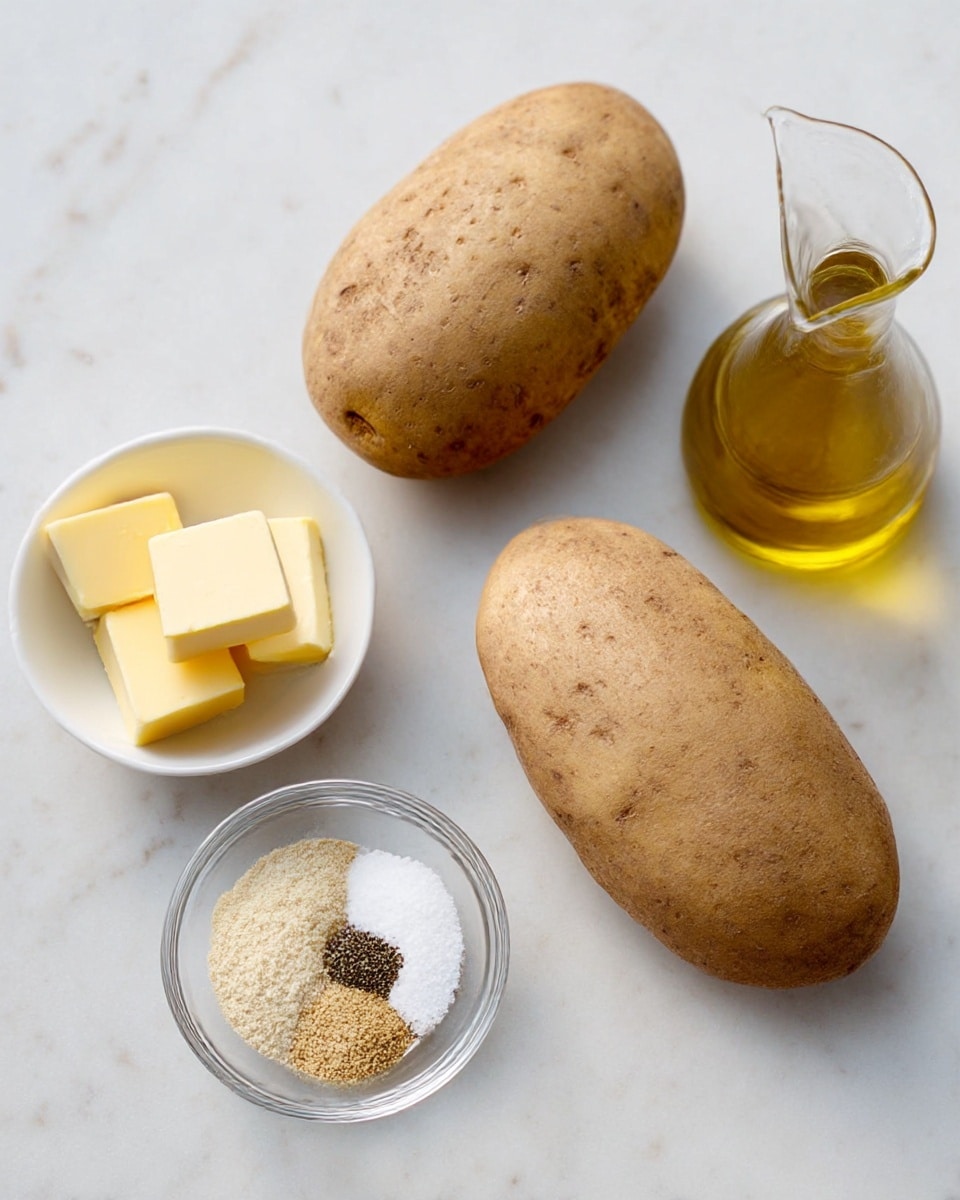 The image shows two large whole potatoes with brown skin placed on a white marbled surface. Nearby, there is a white small bowl holding two square pieces of yellow butter. A clear glass bowl contains three types of spices or seasonings: a pile of white salt, black pepper, and a light beige powder. To the side, there is a clear glass bottle filled with golden olive oil, with a pointed spout at the top. The setup is simple and neatly arranged, all on the white marbled background. photo taken with an iphone --ar 4:5 --v 7
