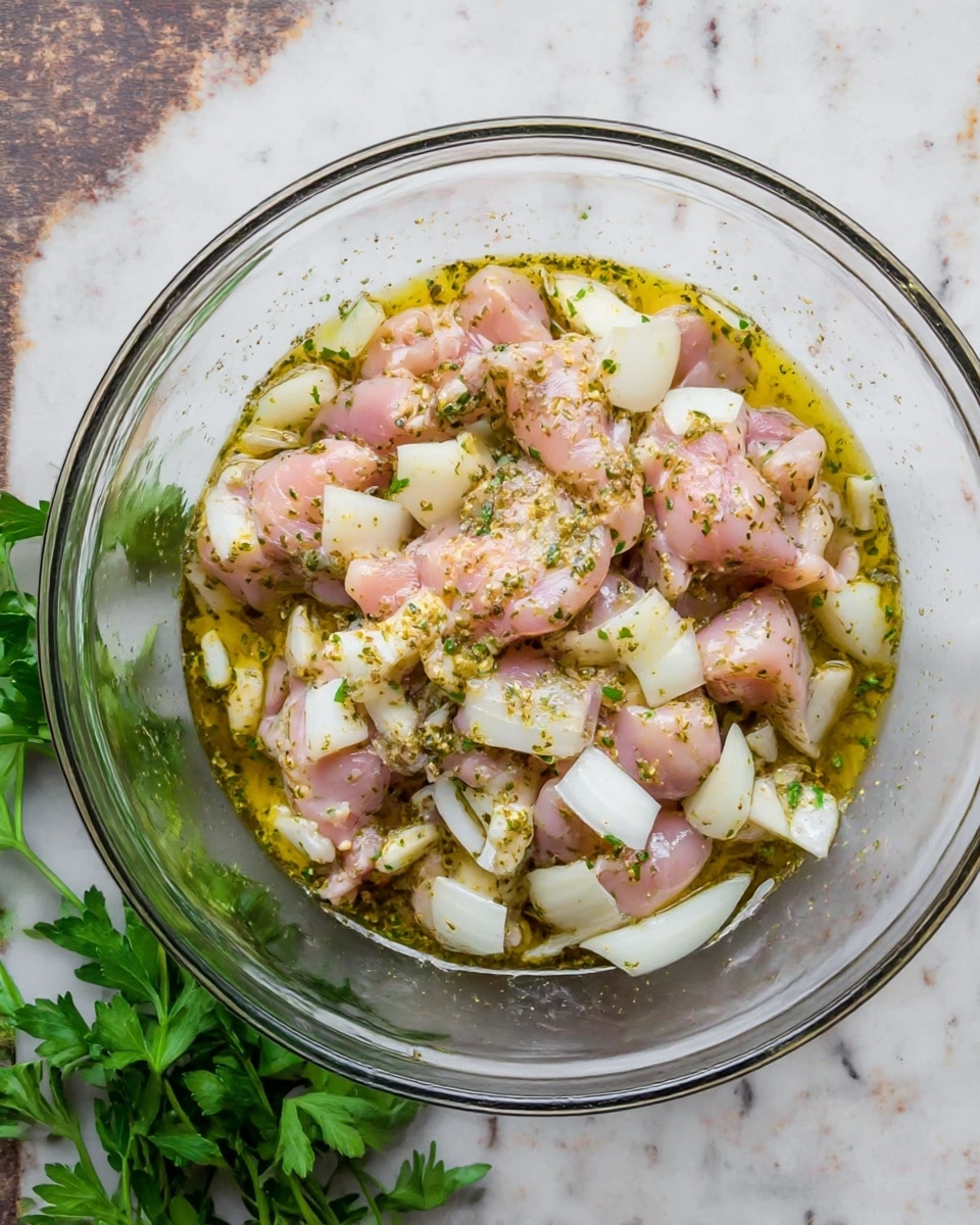 A clear glass bowl filled with raw pieces of pale pink chicken mixed with thick white onion chunks scattered throughout, all coated in a shiny layer of golden oil with visible specks of herbs and seasoning. The bowl sits on a white marbled surface, and a small bunch of fresh green parsley lies on the left side near the bowl. The overall look is fresh and ready for cooking. photo taken with an iphone --ar 4:5 --v 7