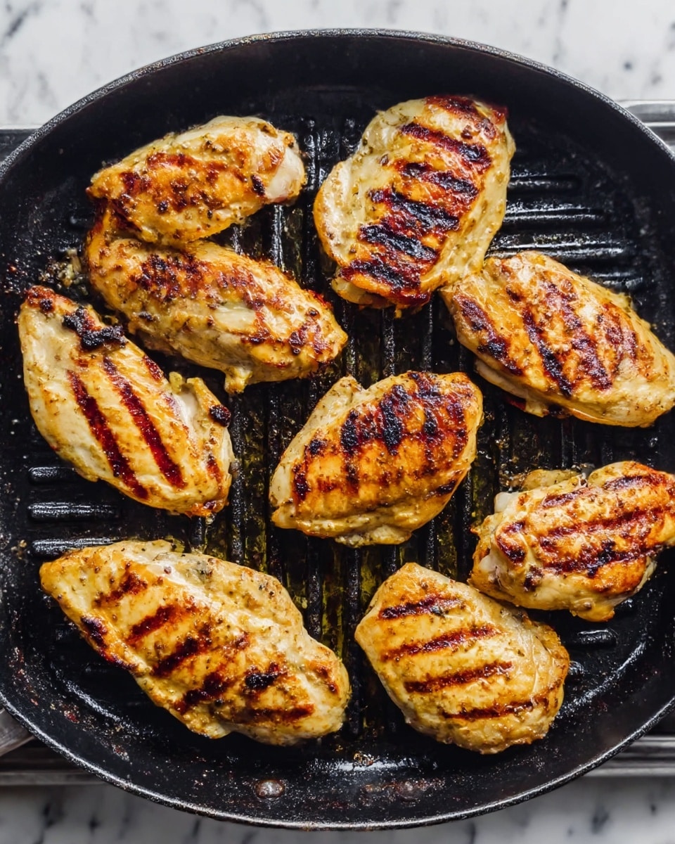 The image shows seven pieces of grilled chicken with golden brown and slightly charred grill marks on a black grill pan. The chicken pieces are arranged evenly around the pan, showing a mix of light beige and crispy darker brown on the skin surface. The pan has some burnt bits and grease marks between the grill lines, adding texture and a fresh cooked look. The background is a white marbled texture. photo taken with an iphone --ar 4:5 --v 7