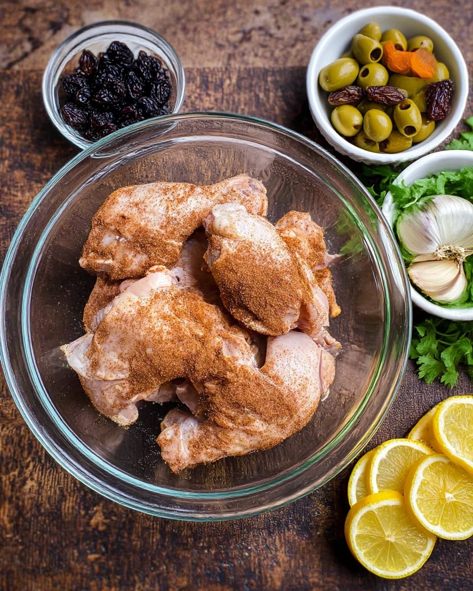 A large clear glass bowl holds six pieces of raw chicken coated with a brown spice mix, arranged closely with different shapes showing skin and some meat parts, on a rough dark wooden surface. To the top right are small white bowls filled with green olives, dark raisins, and orange dried apricots. Fresh garlic cloves and a bunch of green cilantro lie beside thin round lemon slices stacked in a slightly fanned shape. The background is a white marbled texture. photo taken with an iphone --ar 4:5 --v 7