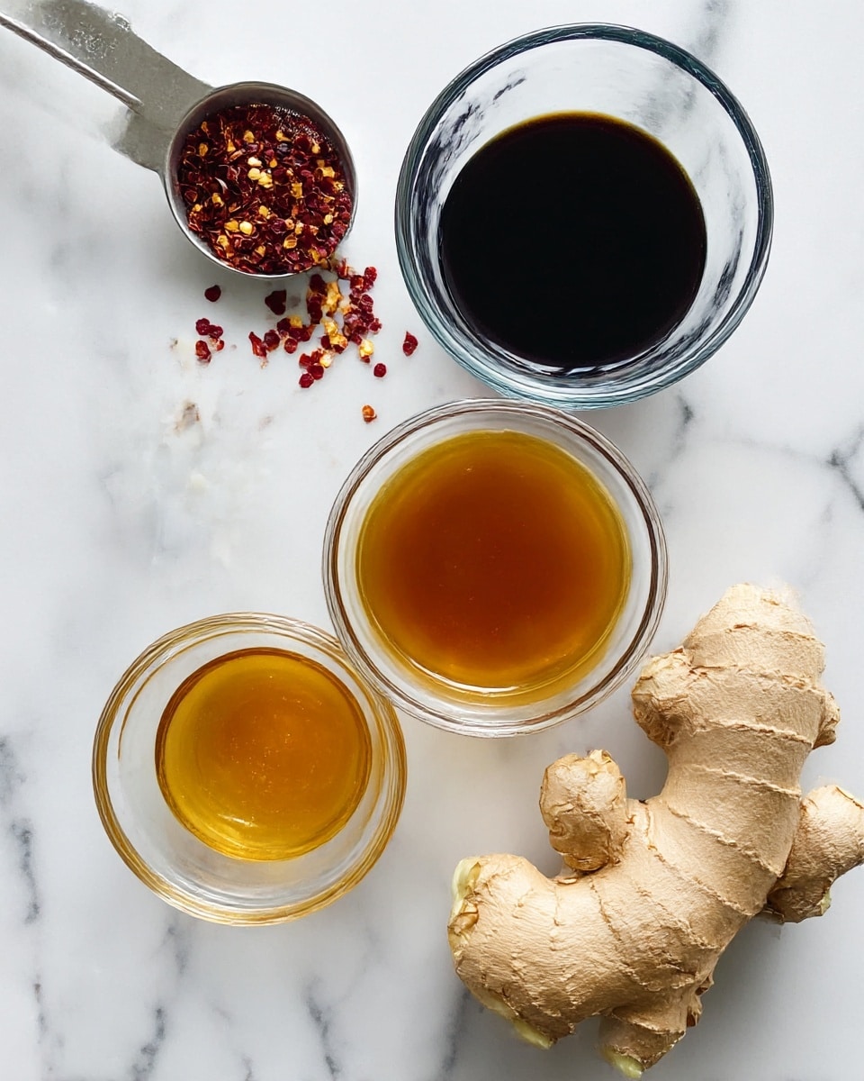 A flat lay showing five cooking ingredients arranged on a white marbled surface. At the center right is a piece of fresh ginger root with its light brown rough skin and knobby shape. Above the ginger is a glass bowl filled with dark brown soy sauce. Below the ginger and soy sauce is another glass bowl holding amber-colored honey. To the left, there is a small glass bowl with finely chopped white garlic. Above that garlic bowl is a metal measuring spoon filled with red chili flakes spilling a few flakes onto the surface. The lighting is bright, making the colors and textures clear, photo taken with an iphone --ar 4:5 --v 7