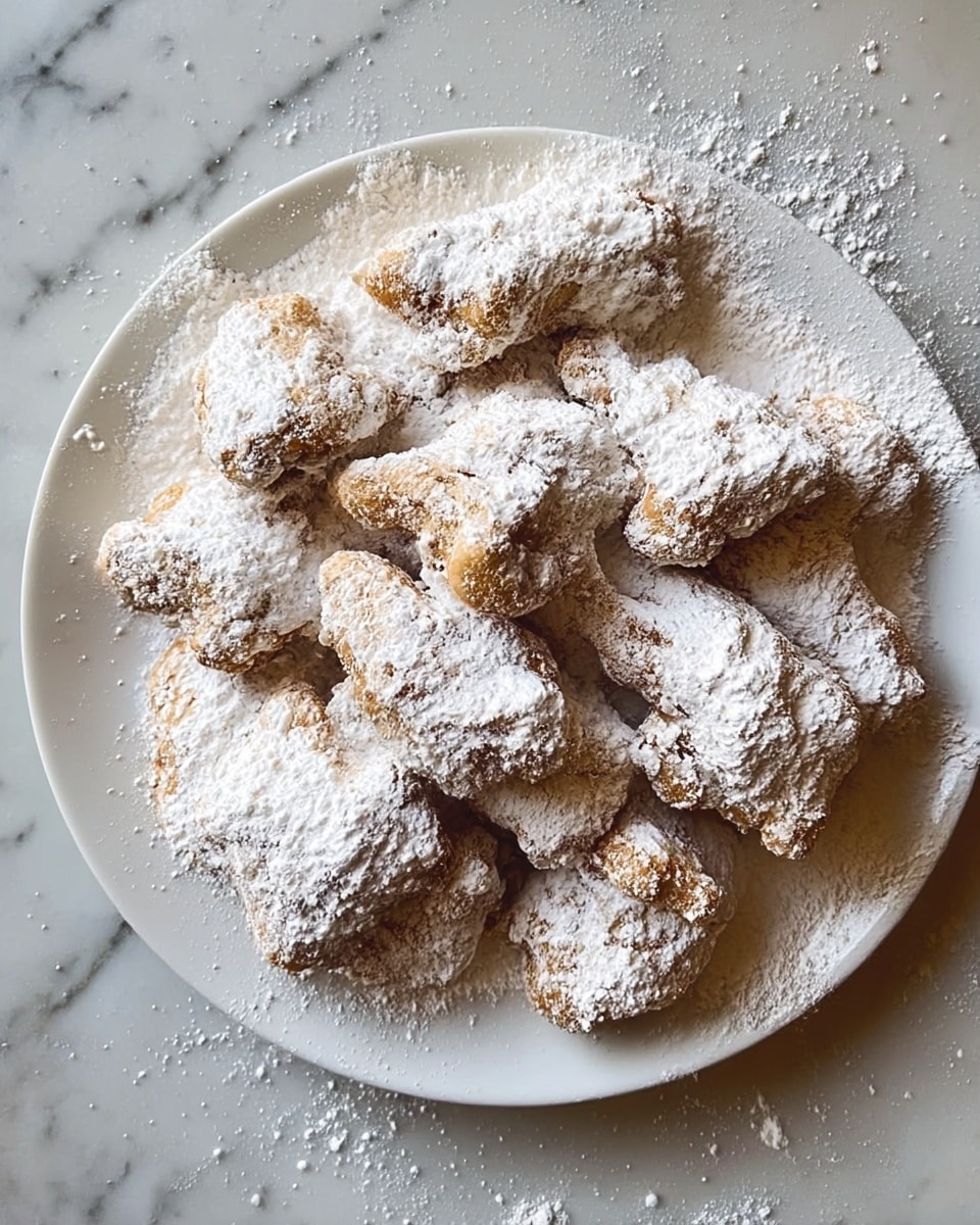 A white plate filled with multiple irregularly shaped pieces of fried food, coated heavily in white powdery flour. The pieces have a light golden-brown color peeking through under the flour, showing a rough and crispy texture. The white marbled surface beneath the plate has some scattered flour around it. photo taken with an iphone --ar 4:5 --v 7