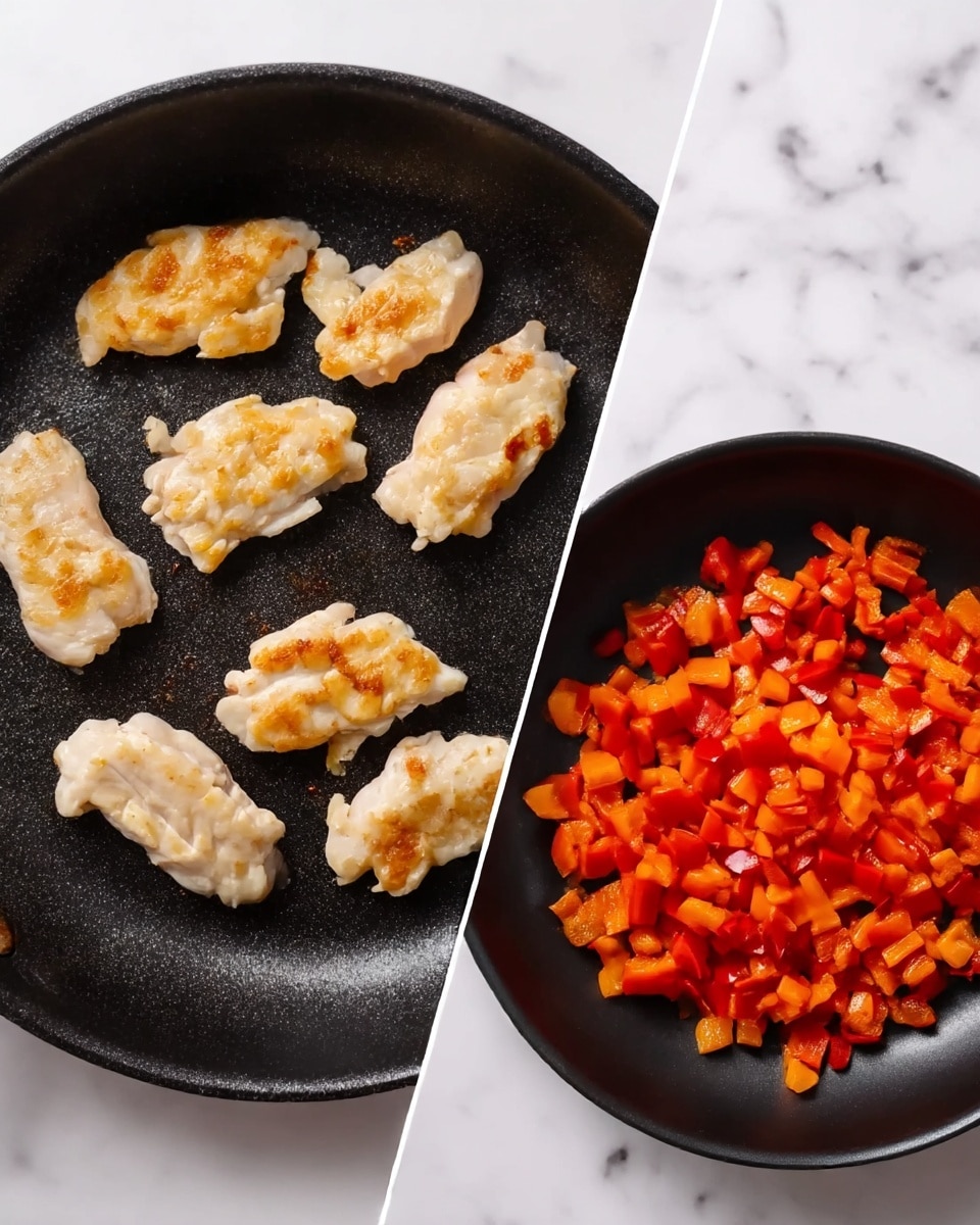 The image shows two black frying pans on a white marbled surface. The first pan has four light golden cooked pieces of chicken with a slightly crispy texture, sitting evenly spaced inside the pan. The second pan contains small, diced red bell peppers spreading out inside the pan, with a bright red and orange mix, slightly softened but still fresh looking. The pans have a dark, slightly textured surface that contrasts with the colors of the food. photo taken with an iphone --ar 4:5 --v 7