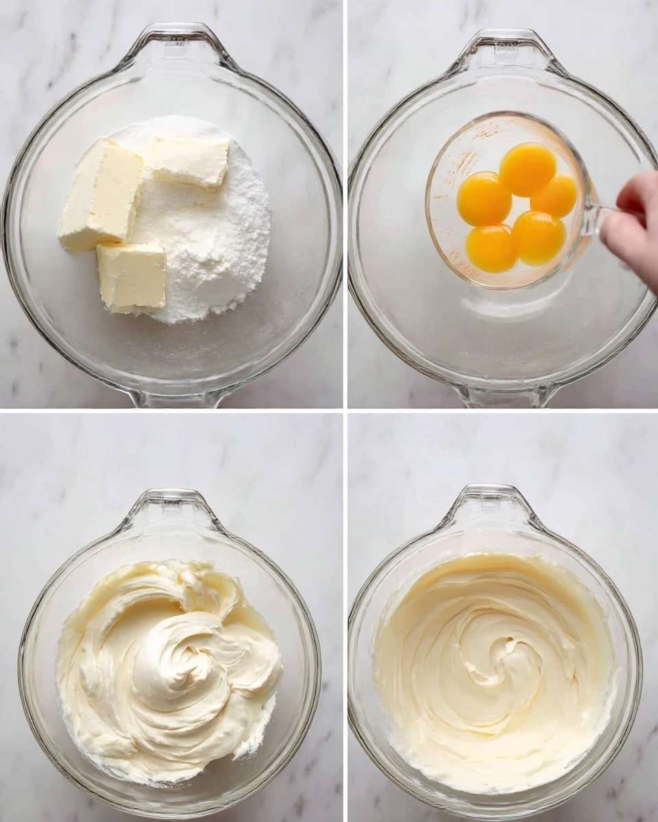 A clear glass mixing bowl sits on a white marbled surface with a metal handle at the top. Inside the bowl, four images show different steps of mixing a white creamy batter. The first image shows white sugar and some cream cheese blocks placed together. The second image shows the mixture whipped into a smooth, fluffy white cream. The third image captures a woman's hand holding a clear measuring cup with four yellow egg yolks above the bowl, about to pour them in. The fourth image displays the batter fully mixed into a smooth, thick, pale cream, resting in the bowl. Photo taken with an iphone --ar 4:5 --v 7