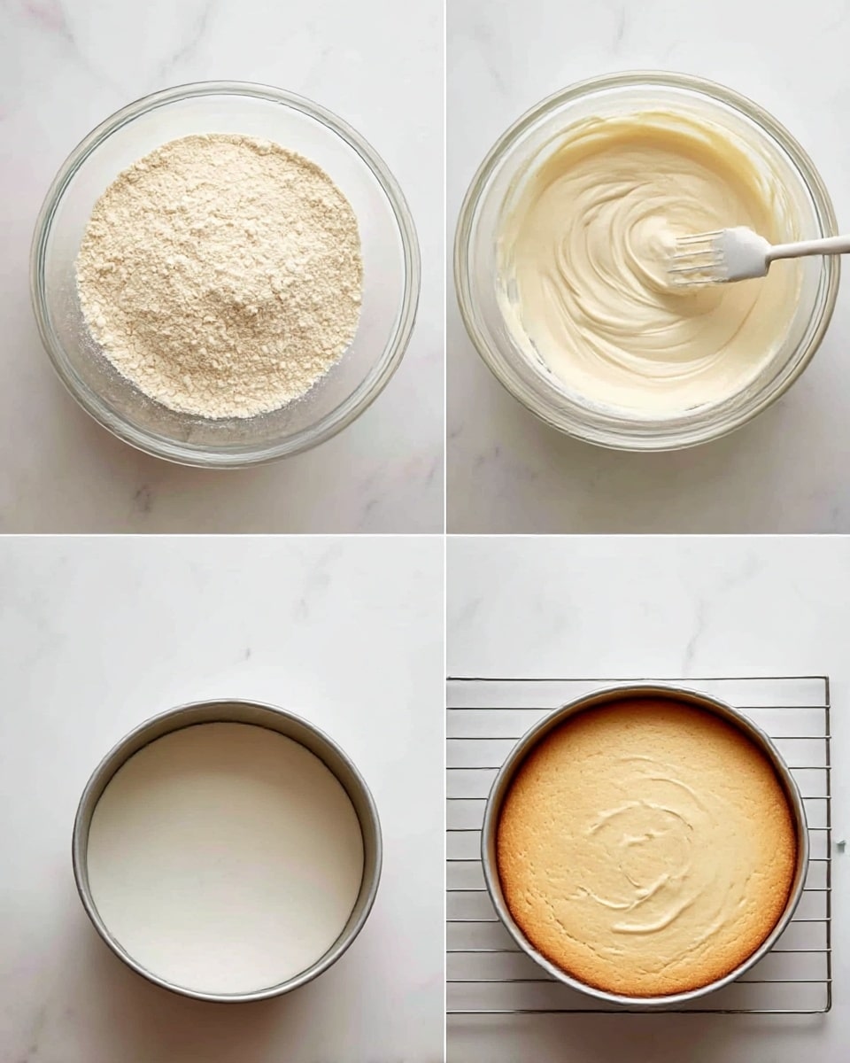 The series of four images shows the steps of making a cake batter and baking it. The first image features a clear glass mixing bowl containing light beige flour on top of a white marbled surface. The second image shows the same bowl with smooth, creamy, off-white batter being stirred with a spatula. The third image presents a round baking pan filled with smooth, creamy pale yellow batter spread evenly inside. The fourth image shows the baked cake, golden brown and with a soft texture, still in the same round pan placed on a cooling rack over the white marbled surface. photo taken with an iphone --ar 4:5 --v 7