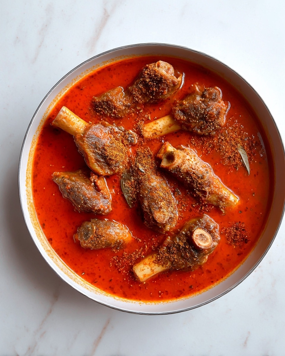 The image shows a round white bowl filled with a bright red sauce that covers the entire inside of the bowl. On top of the sauce, there are around ten pieces of browned meat with bones, each partially covered with the sauce. Sprinkled across the surface of the sauce are small patches of a darker brown spice or powder. The bowl is placed on a white marbled textured surface. photo taken with an iphone --ar 4:5 --v 7