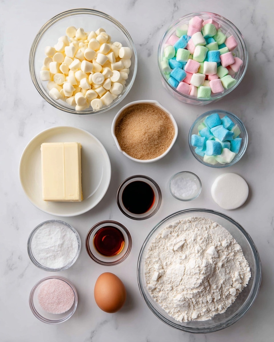 The image shows several clear glass bowls and small containers arranged on a white marbled surface. There is one large bowl filled with white flour on the lower right side, a medium bowl of light brown sugar next to it on the top right, and a similar medium bowl with colorful marshmallows in pink, blue, green, white, and yellow near the top center. On the top left, a medium bowl is filled with creamy white chocolate chips. Below these, there is a round white bowl filled with white sugar. To the left of the sugar, there is a rectangular stick of butter and a small round container of dark brown vanilla extract placed close to it. Below these, two small clear bowls hold white baking soda and pink salt. A single brown whole egg rests near the brown sugar on the right. Two white circular discs are placed near the egg. Everything is set neatly spaced out on the smooth white marbled background photo taken with an iphone --ar 4:5 --v 7