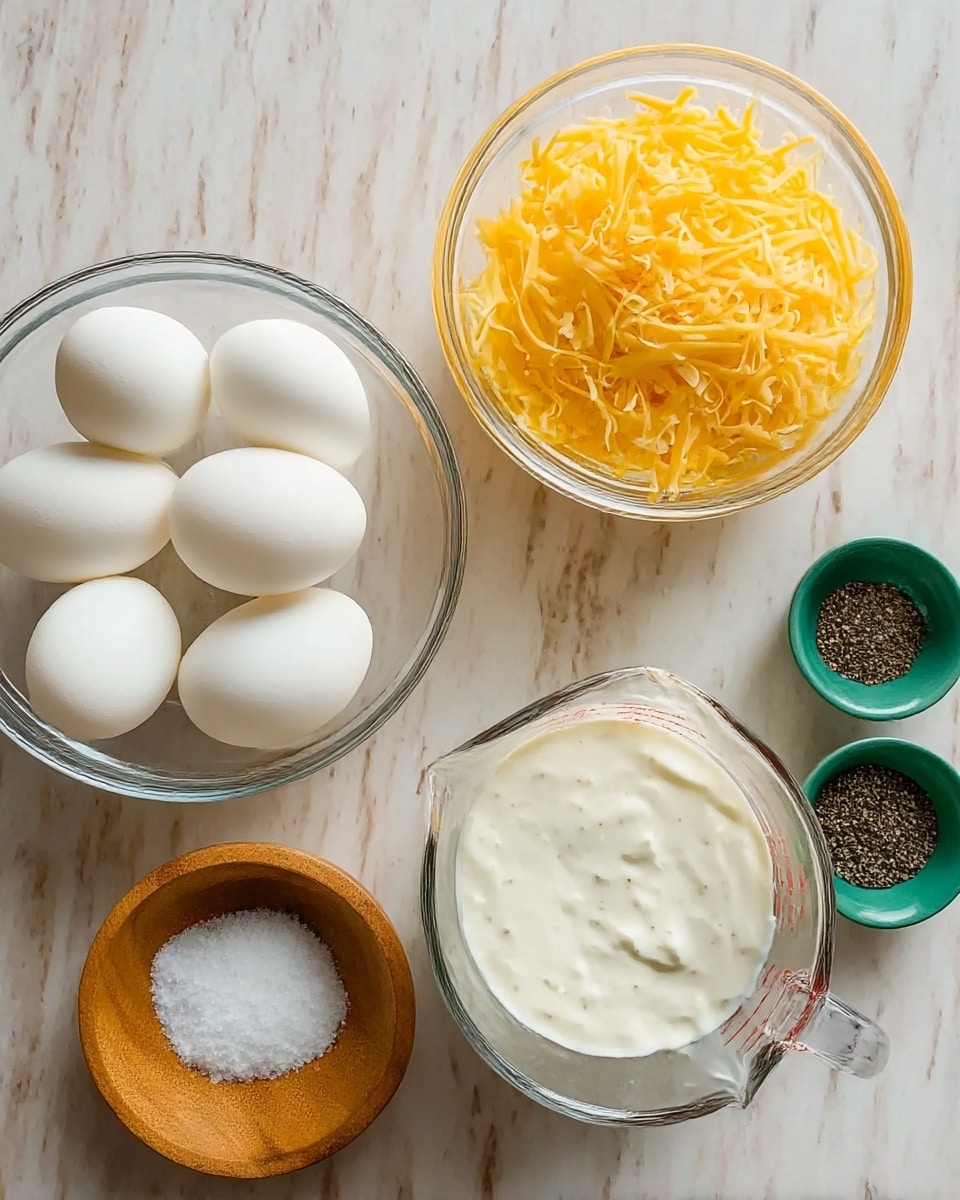 The image shows six white eggs in a clear glass bowl on the left side. To the right, there is a clear glass bowl filled with shredded yellow cheese. Below the eggs, a small round wooden bowl holds white salt, and next to it, a small round green bowl contains black pepper. On the right side, there is a clear glass measuring cup with a white creamy substance inside, placed on a white marbled surface. The scene is well lit, showing the texture and color of each ingredient clearly. photo taken with an iphone --ar 4:5 --v 7